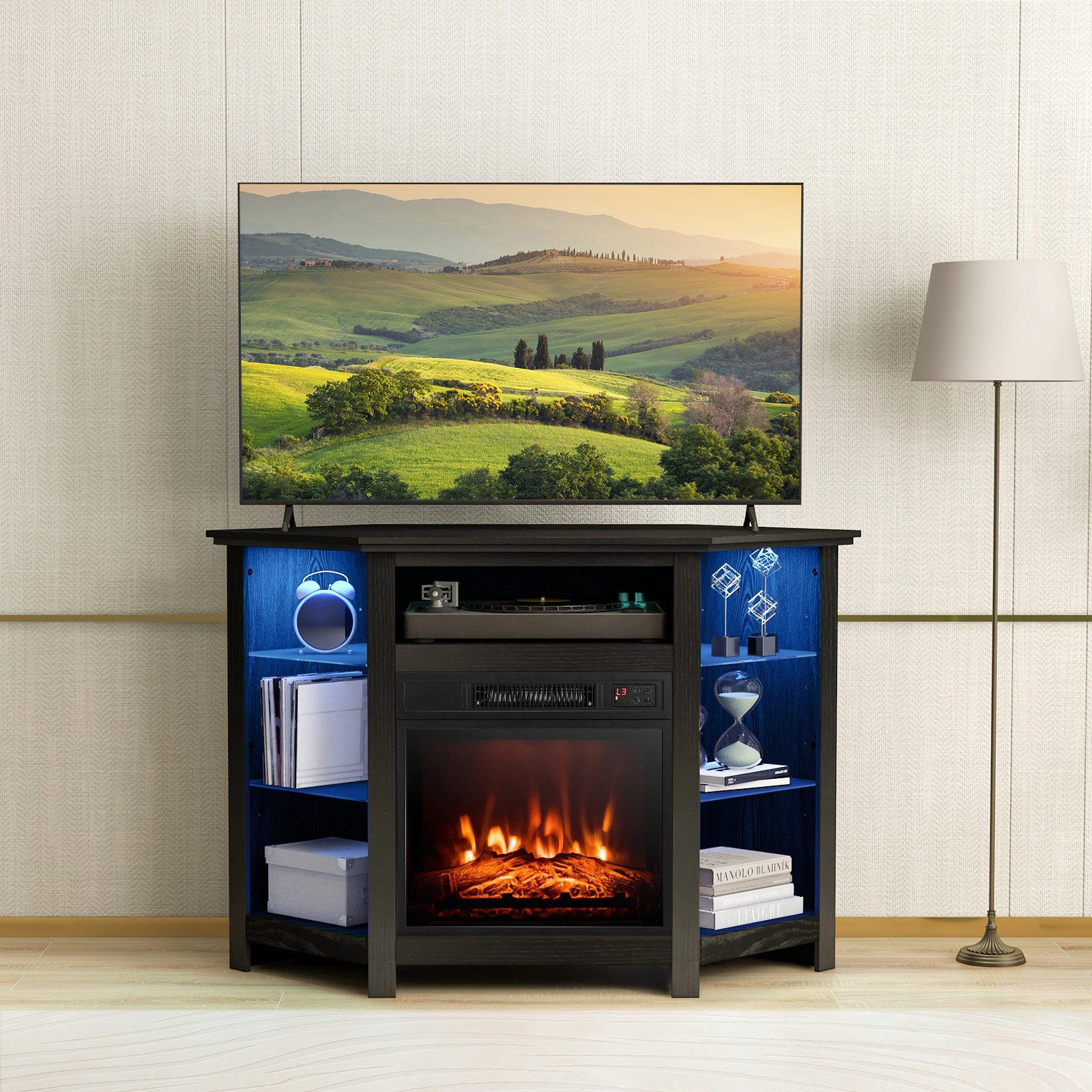 SUGIFT 45-in Corner Fireplace TV Stand with LED Lights & Smart APP Control 44-lb Countertop Capacity for 50-in TV Black
