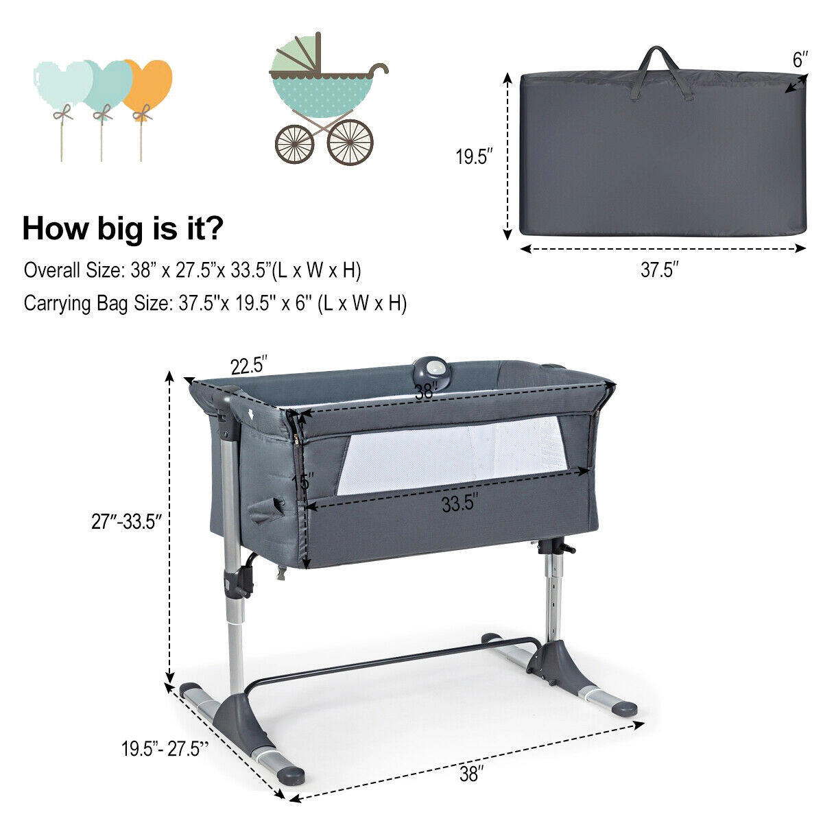 SlickBlue Gray Portable Bedside Bassinet with Adjustable Height and Mesh Sides