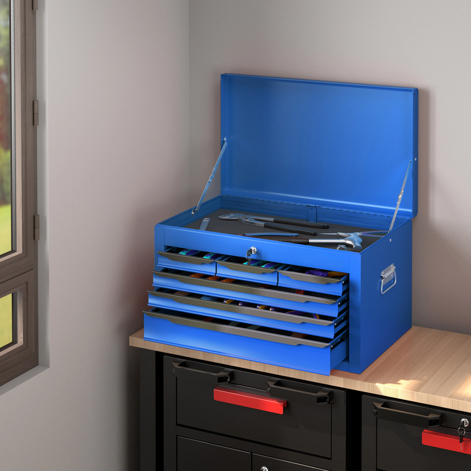 SUGIFT 24-in 6-Drawer 120-lb Capacity Portable Steel Tool Chest with Central Lock and Top Storage