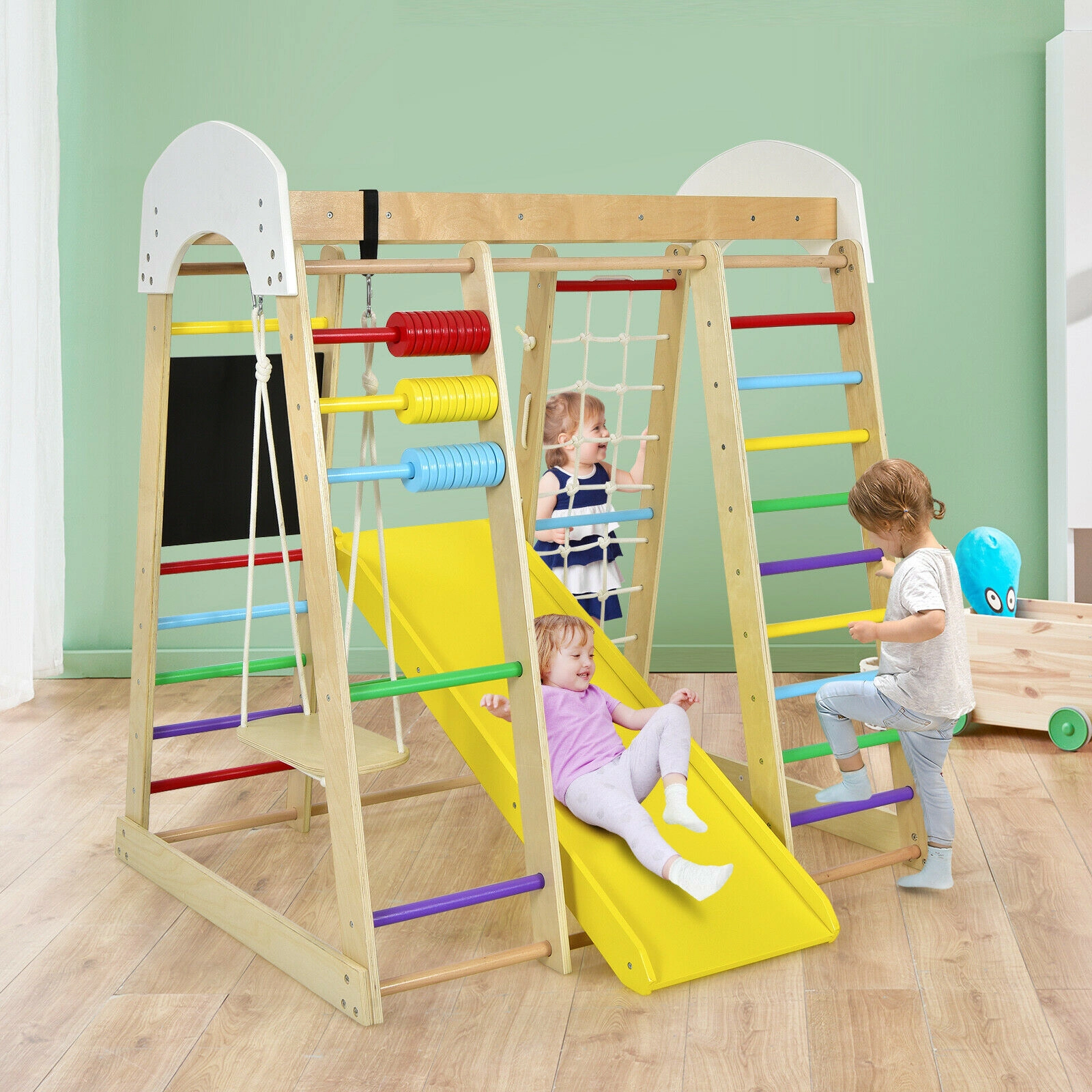 8-in-1 Wooden Indoor Climbing Gym Playset 54.5-in Tall Reversible Slide Odorless Finish 110-lb Per Part Ages 3+