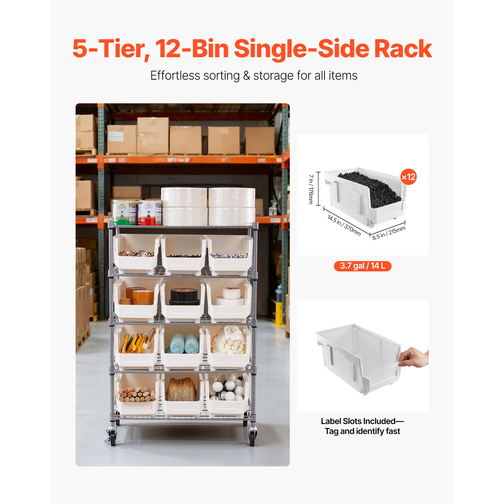 HONGGE Double-Sided Rolling Bin Storage Rack Plastic Bins Dual-Sided Parts Organizer with Wheels Mobile Tool Organizer