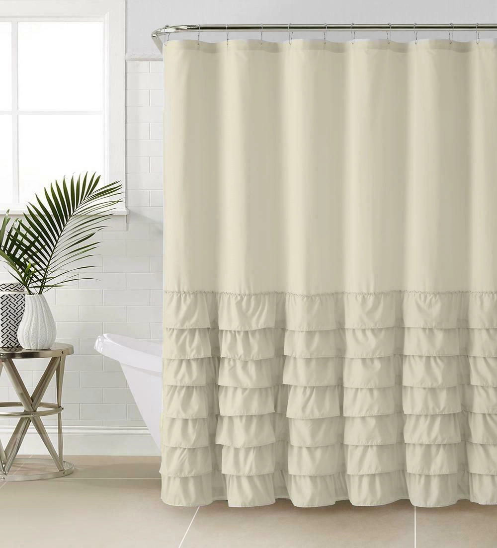 Kate Aurora Boho Chic Matelassé Ruffled Taupe Fabric Shower Curtain