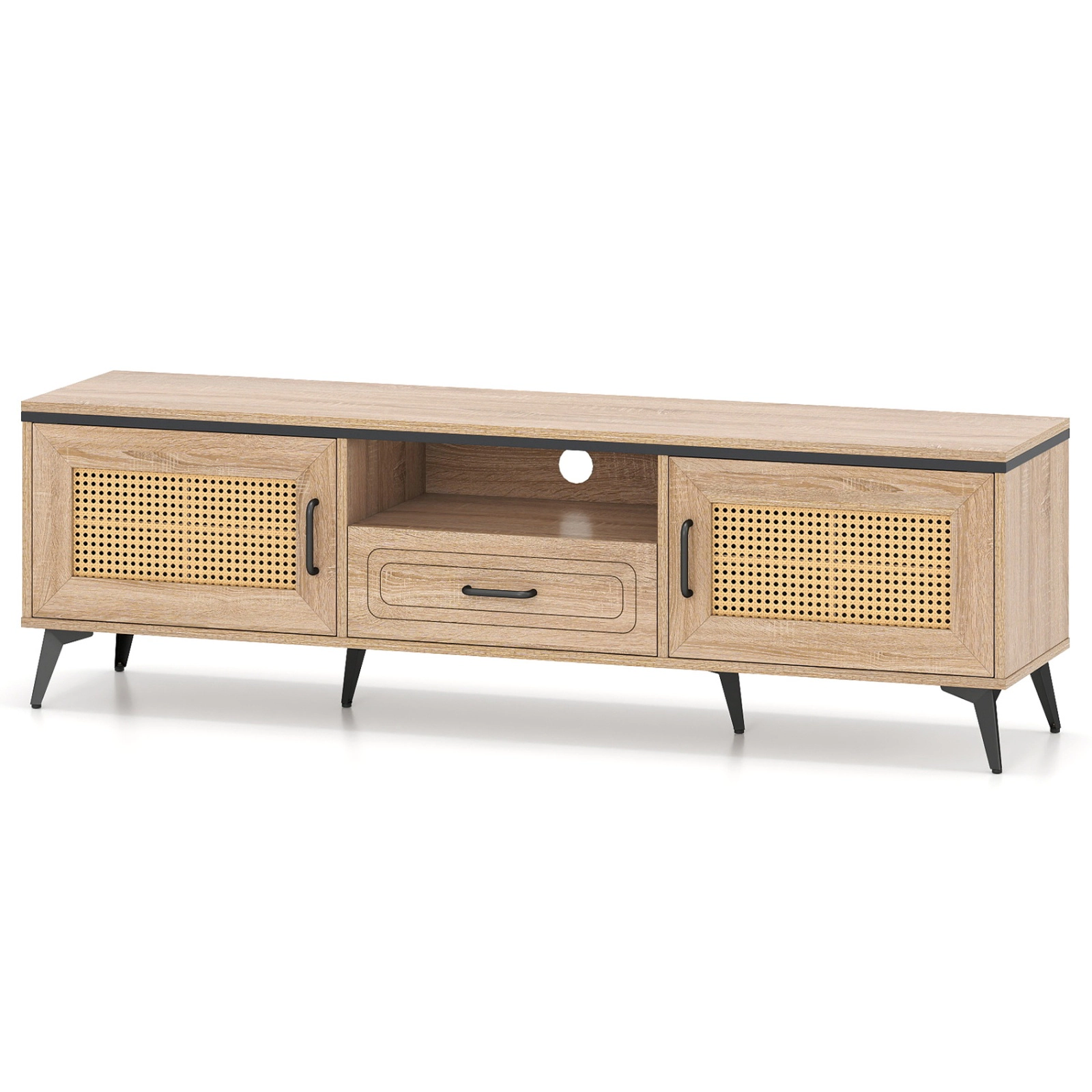 SUGIFT Mid Century Modern Entertainment Center Oak with 2 Cabinets and Drawer