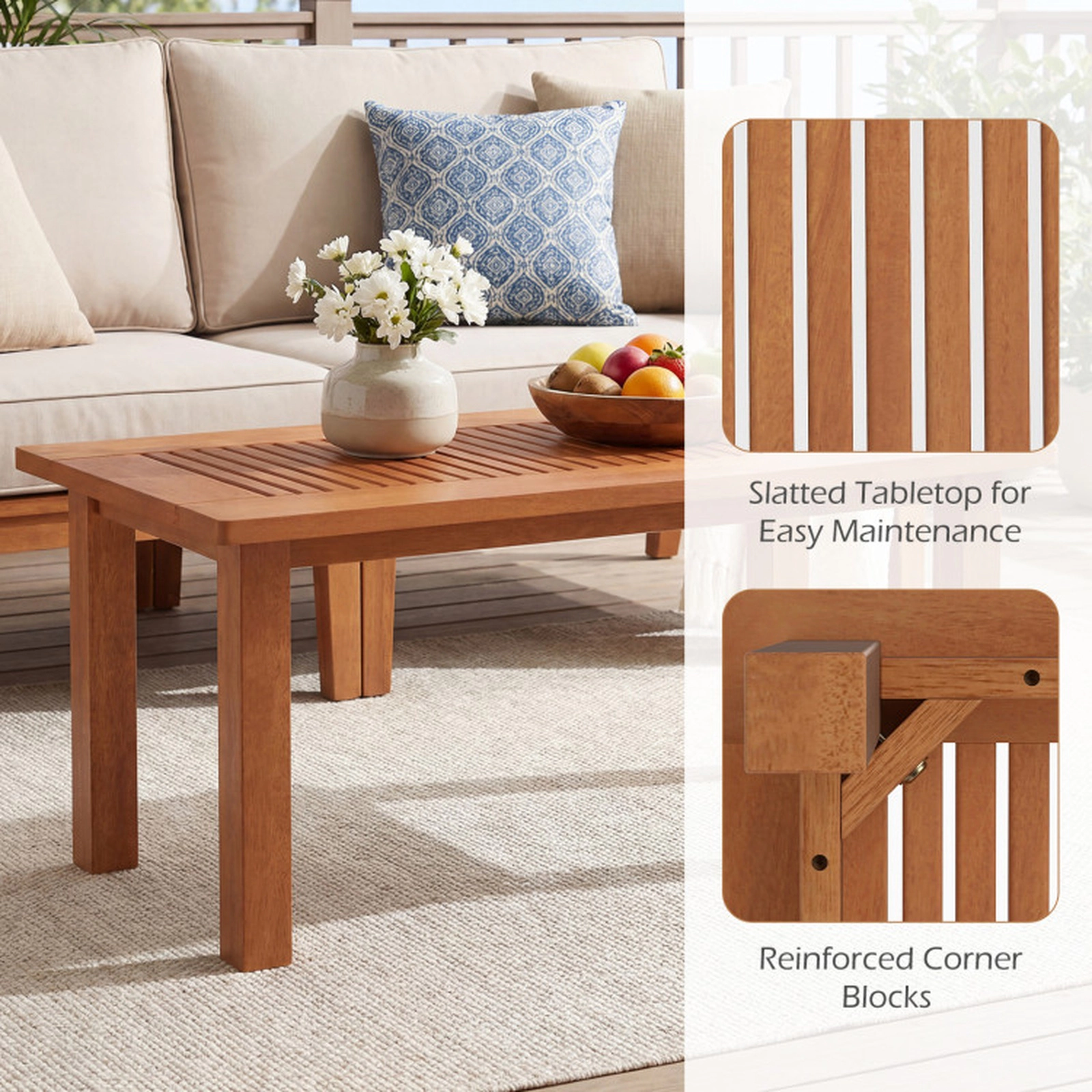 SUGIFT 35.5-in Outdoor Modern Rectangular Hardwood Coffee Table with Slatted Top 130-lb Capacity Rustic Brown 1-Piece