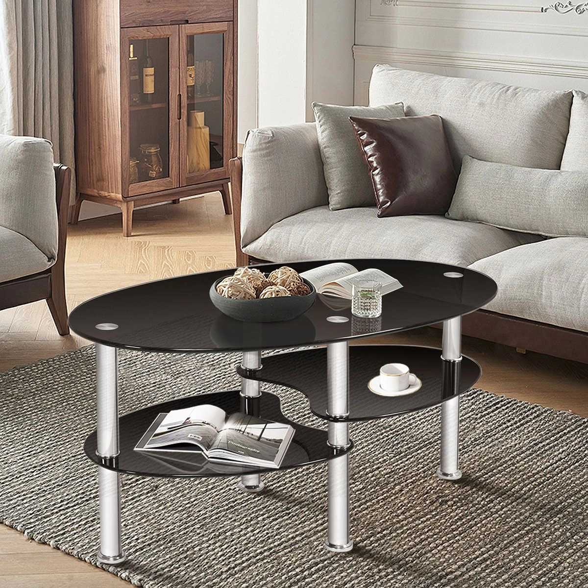 SlickBlue Tempered Glass Coffee Table with Oval Double Tier Shelf