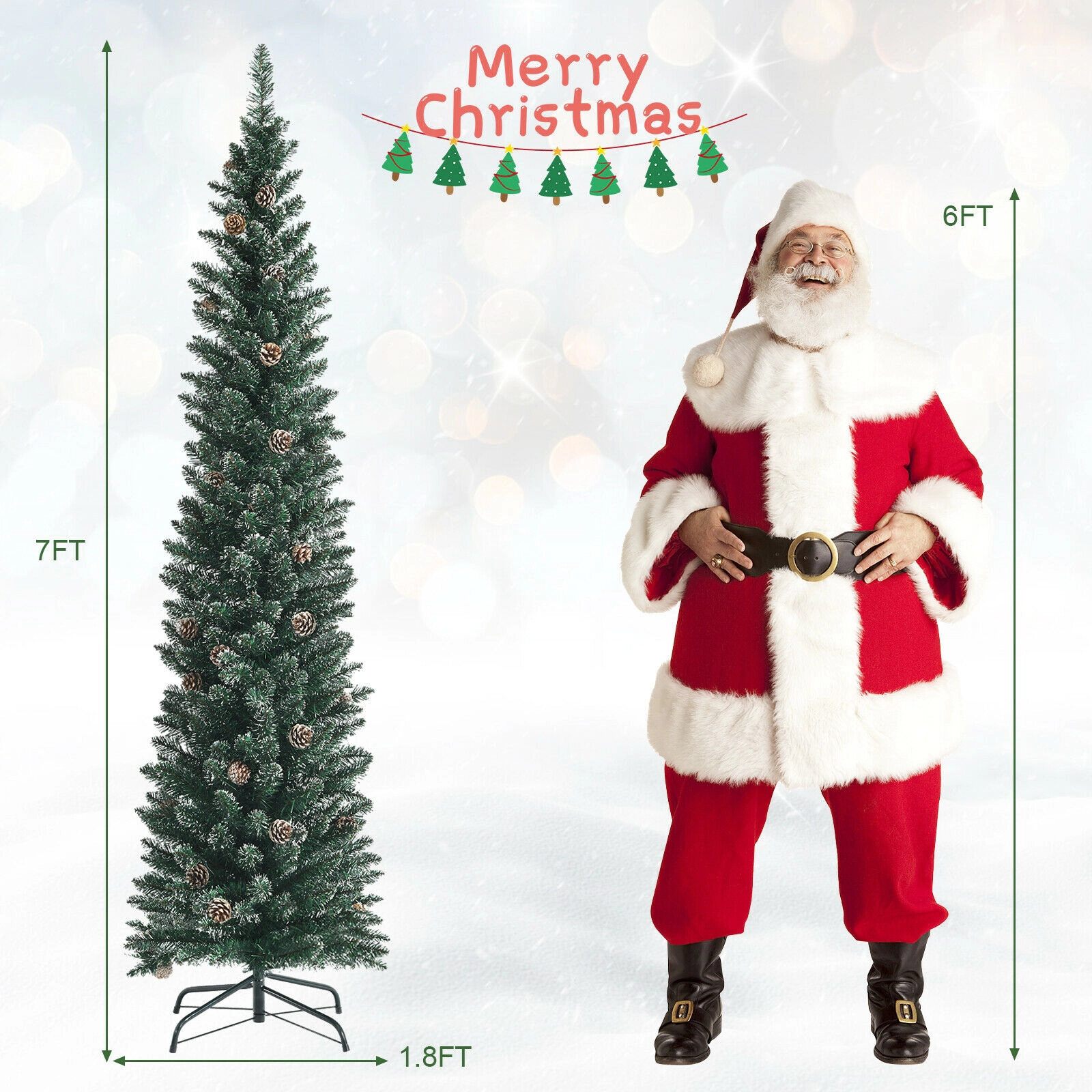 LJG Snowy Artificial Pencil Christmas Tree with Pine Cones