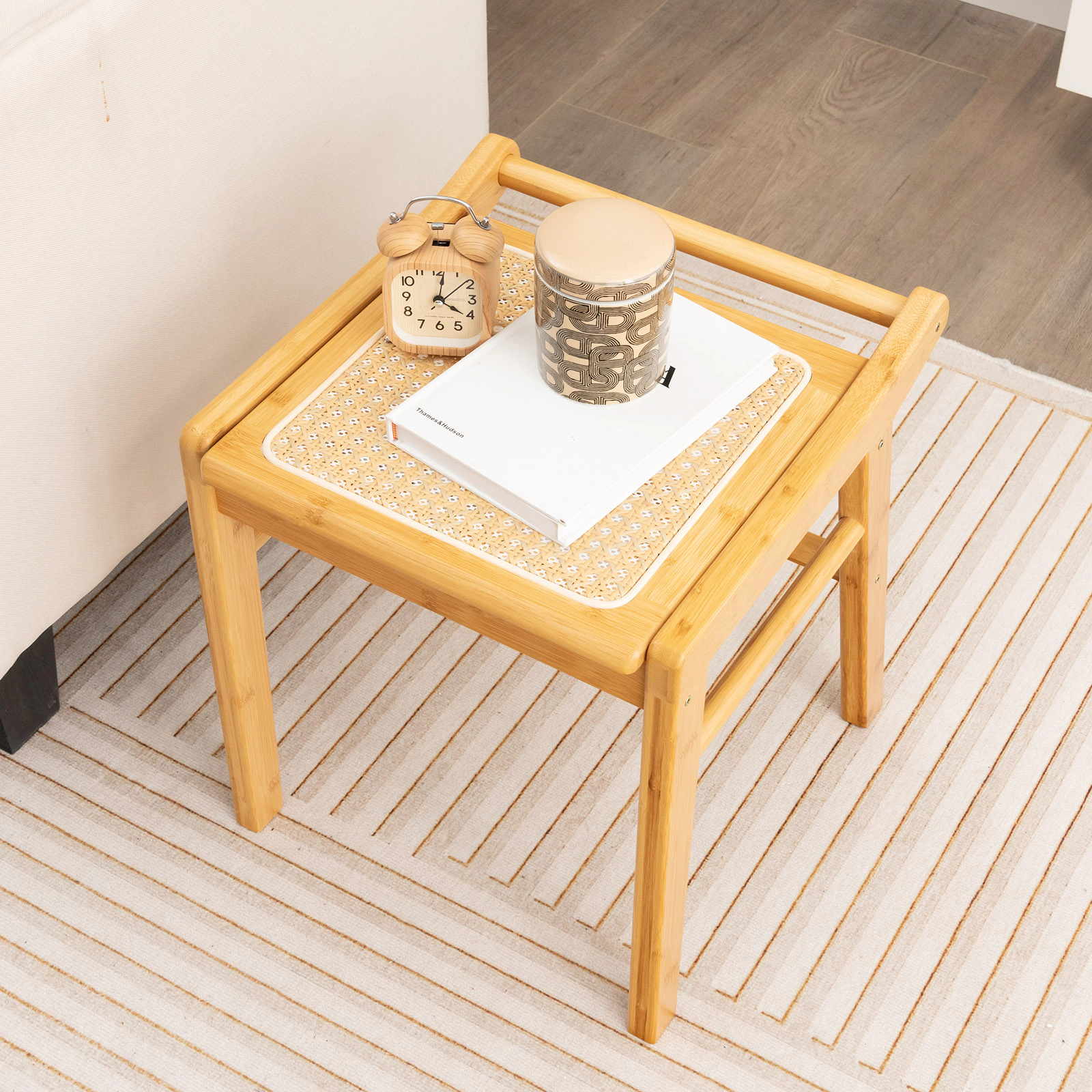 SUGIFT Bamboo Vanity Stool with Faux Rattan Seat and Reinforcement Bar 265-lb Capacity 17-in Tall Natural