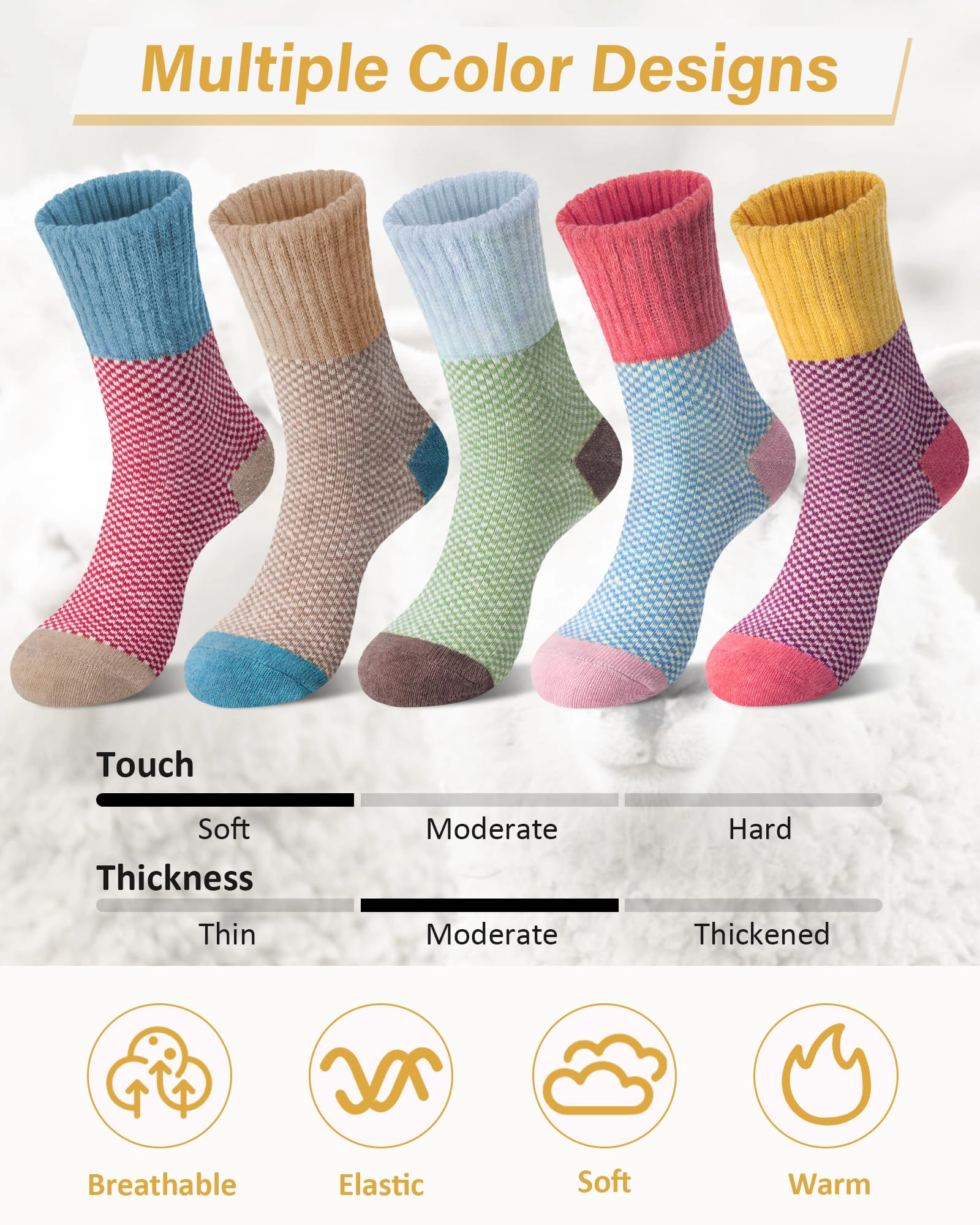 Wardrobe Whimsy 5 Pairs Women Winter Warm Wool Crew Socks Cozy Socks