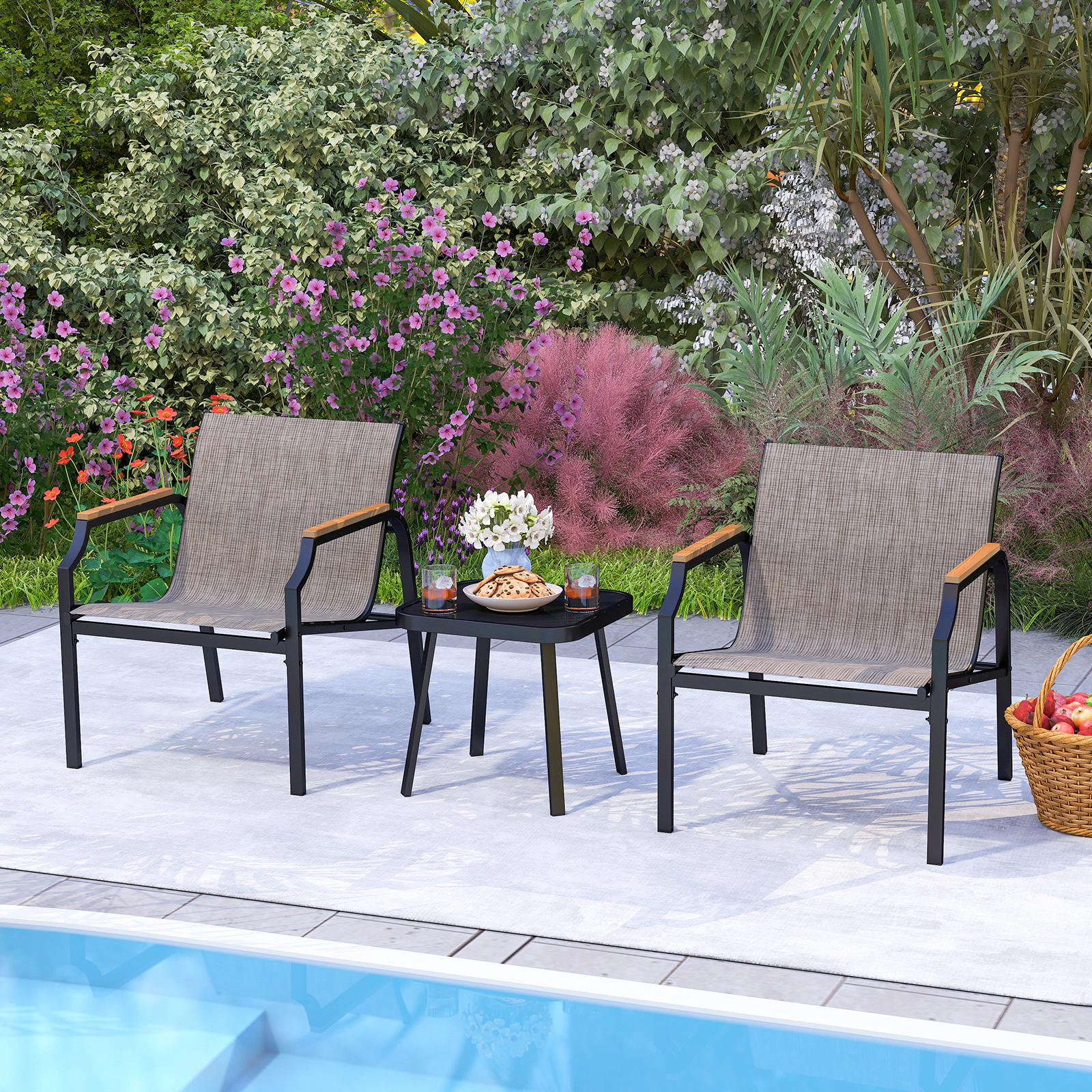 SUGIFT 3 Piece Outdoor Conversation Chair & Coffee Table Set Breathable Fabric Seats 330-Lb Chair Capacity Brown + Black