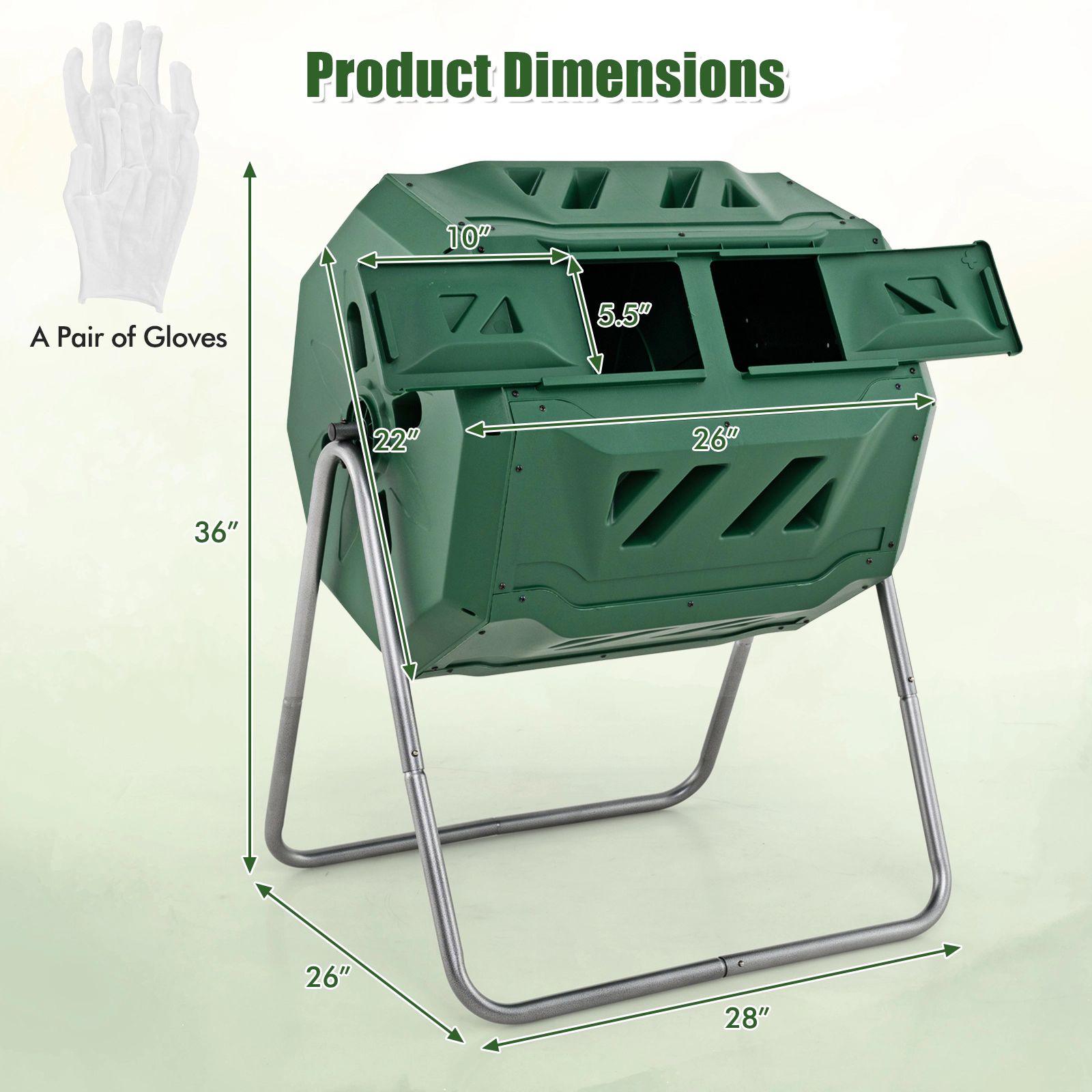 SUGIFT 43-gal Dual Chamber Rotating Compost Bin Barrel with Sliding Doors and Deep Aeration Fins