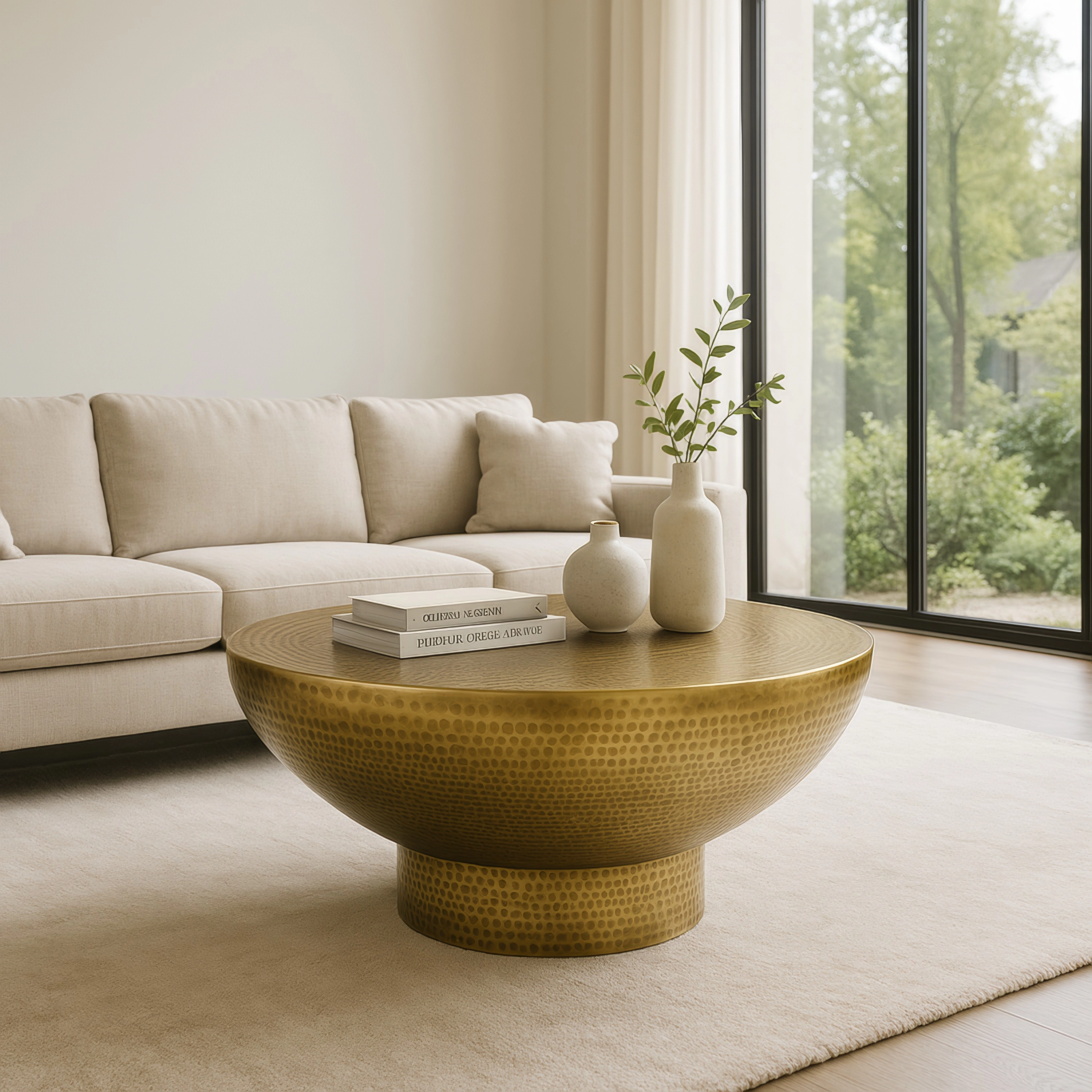 The Urban Port Orion Coffee Table | 32 Inch Round Martini Glass Shape | Hammered Antique Brass Finish