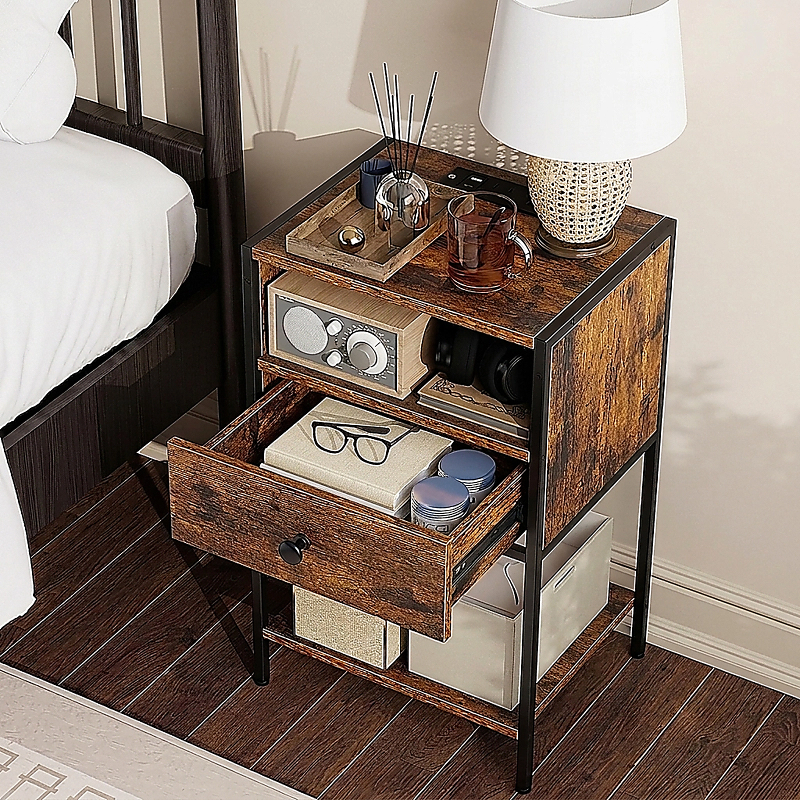 SUGIFT 25.5-In Rustic Brown Nightstand with Charging Station