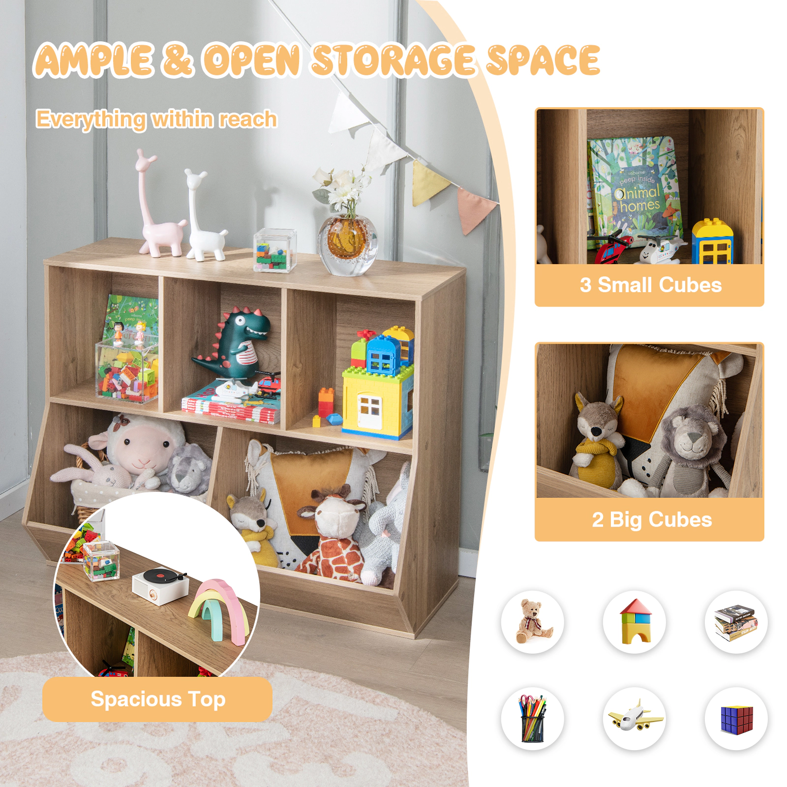 SUGIFT 5-Cube Kids Toy Storage Organizer with Anti-Tipping Kits 110-lb Top Capacity 22-lb Cube Capacity Natural/White
