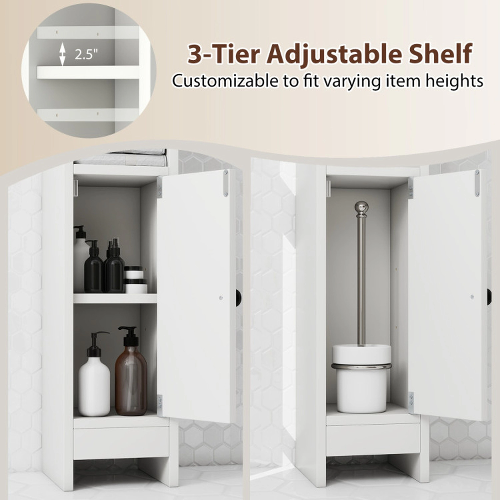 SUGIFT Slim Corner Bathroom Floor Cabinet with Door and 3-Tier Adjustable Shelf 31.5-in Tall 44-lb Capacity White