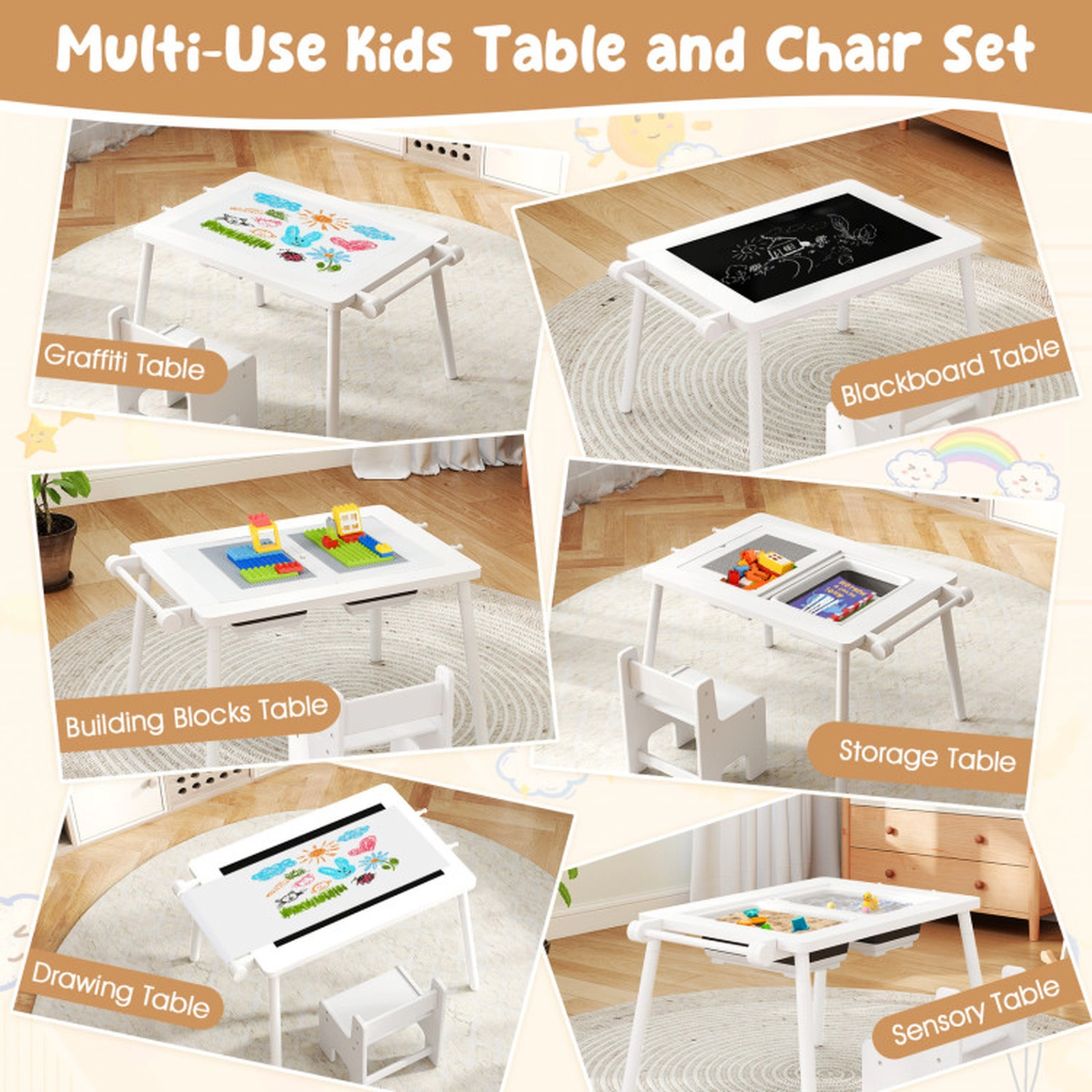 SUGIFT White Foldable Bins Paper Roll and Block Boards Kids Sensory Table and Chair Set