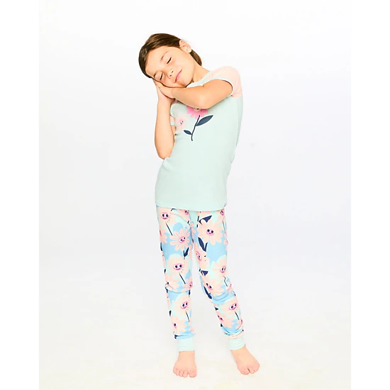 Deux par Deux Girls Organic Cotton Smiling Flower Print Elastic Waist Top and Pants Two-Piece Pyjama Set