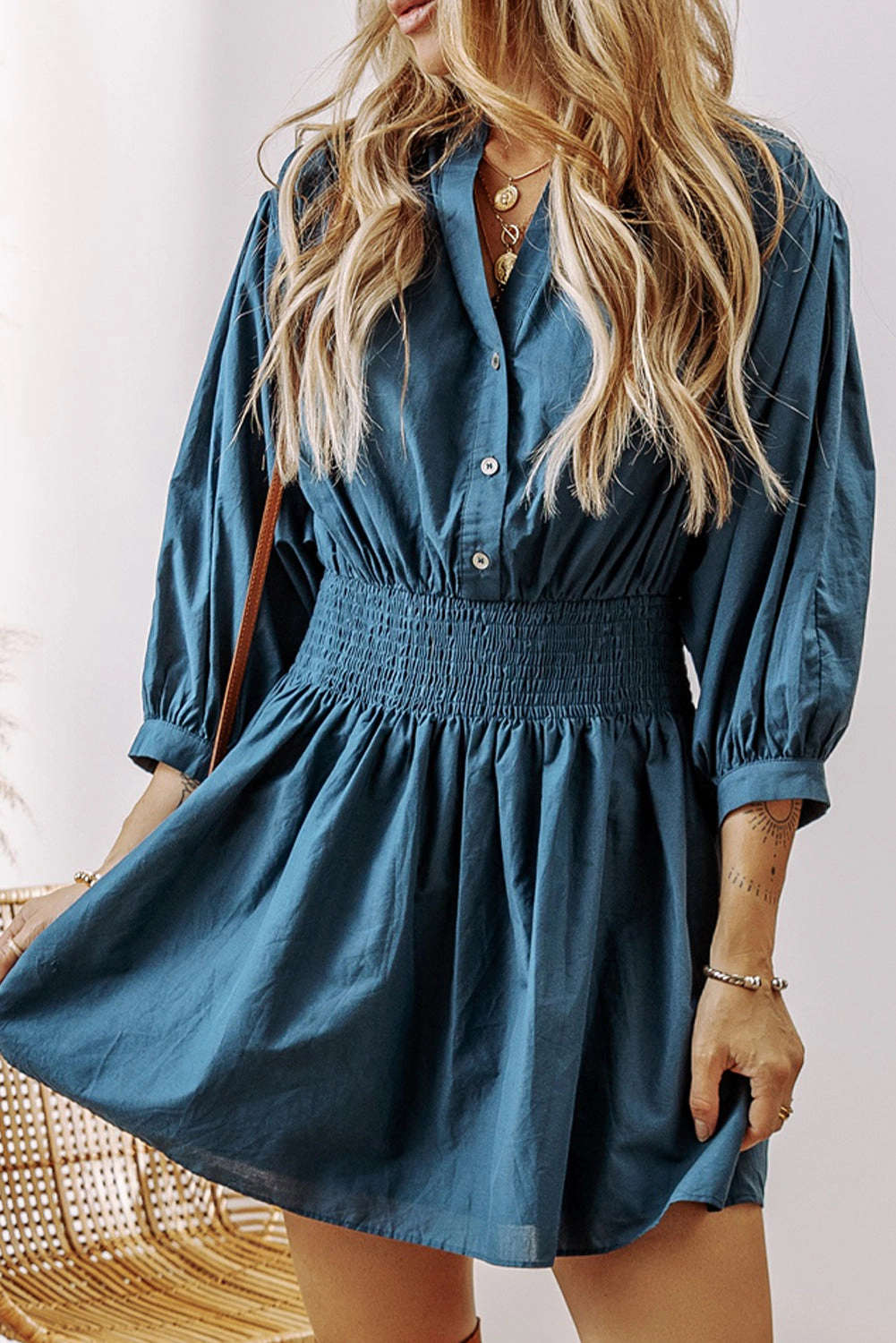 Threaded Pear Women's Vera 3/4 Sleeve Shirred High Waist Buttoned Dress