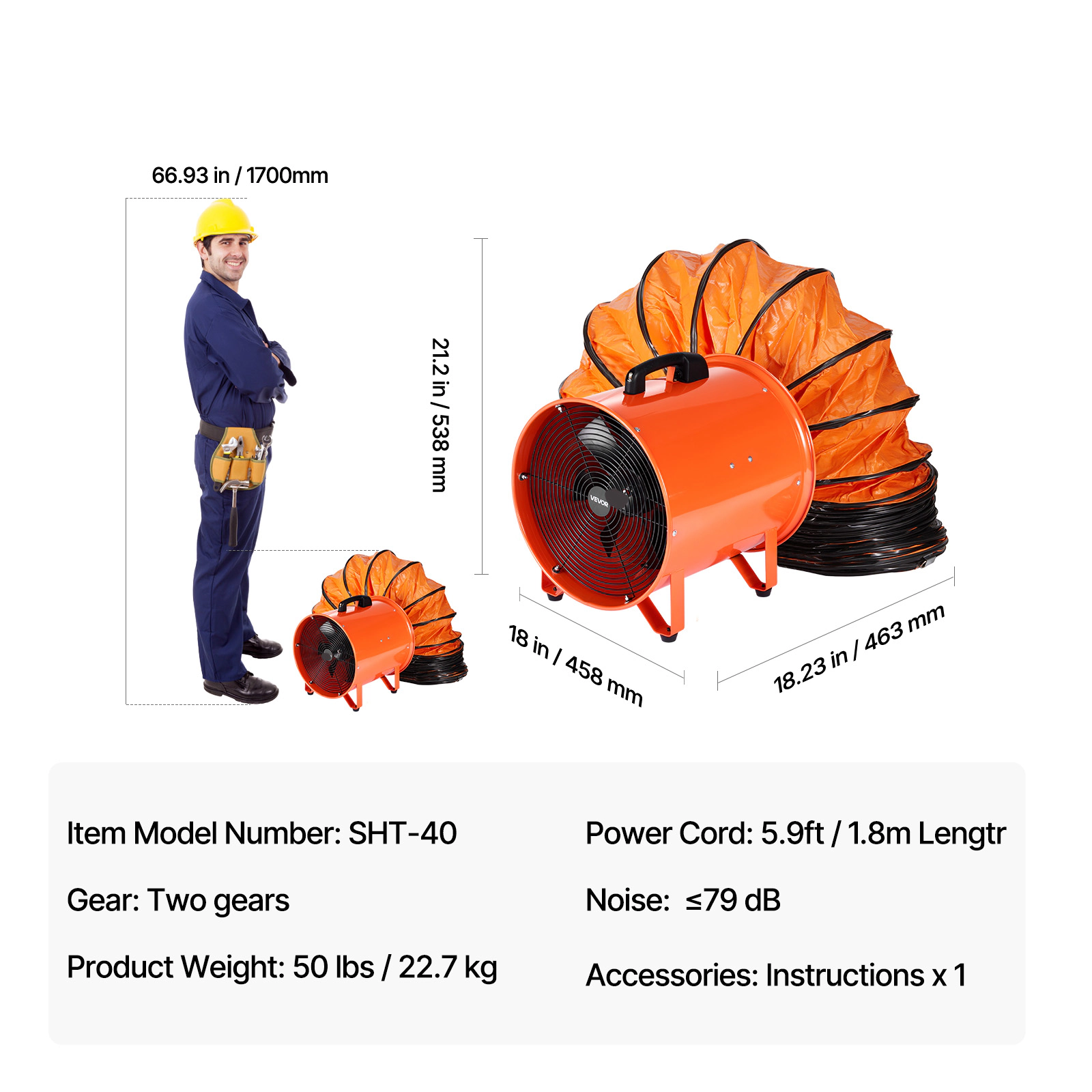 HONGGE Portable Ventilator Heavy Duty Cylinder Fan with Duct Hose Strong Shop Exhaust Blower Industrial Utility Blower