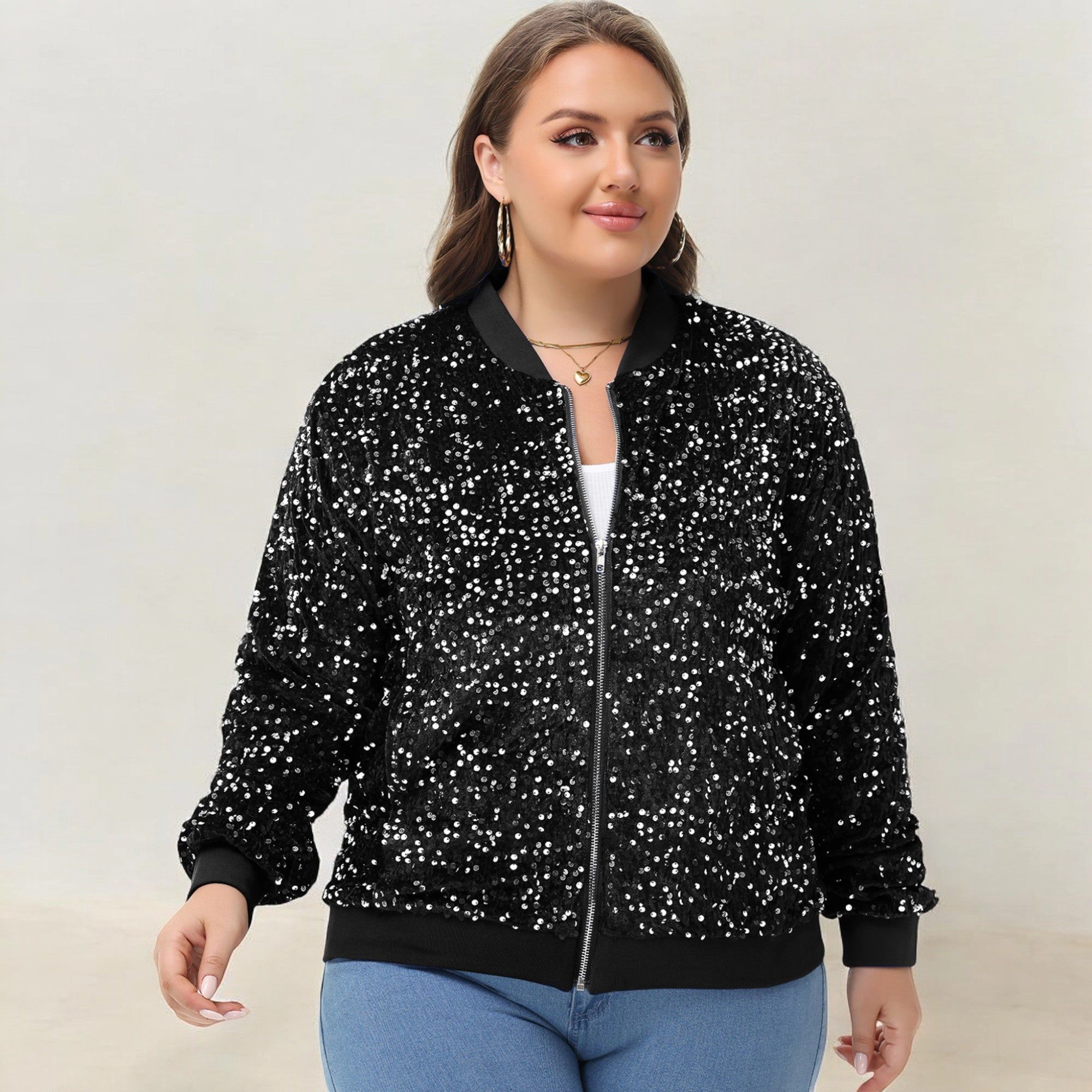 Anna-Kaci Women's Plus Sequin Zip-Up Bomber Jacket with Pockets