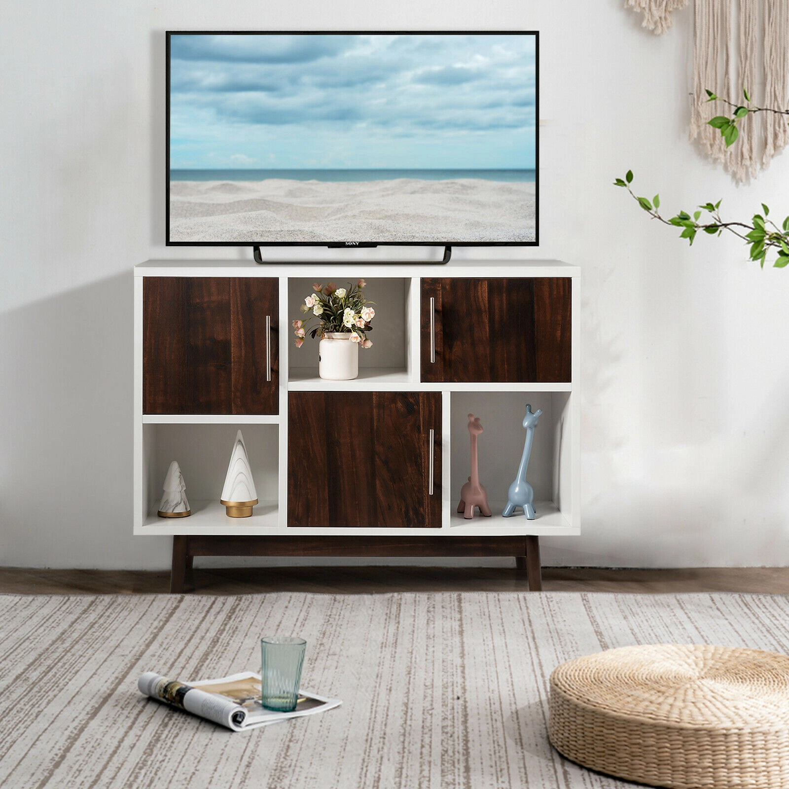 SUGIFT 40.5-in White Wood Sideboard Display Cabinet with 6 Compartments and Pine Legs for Living Room