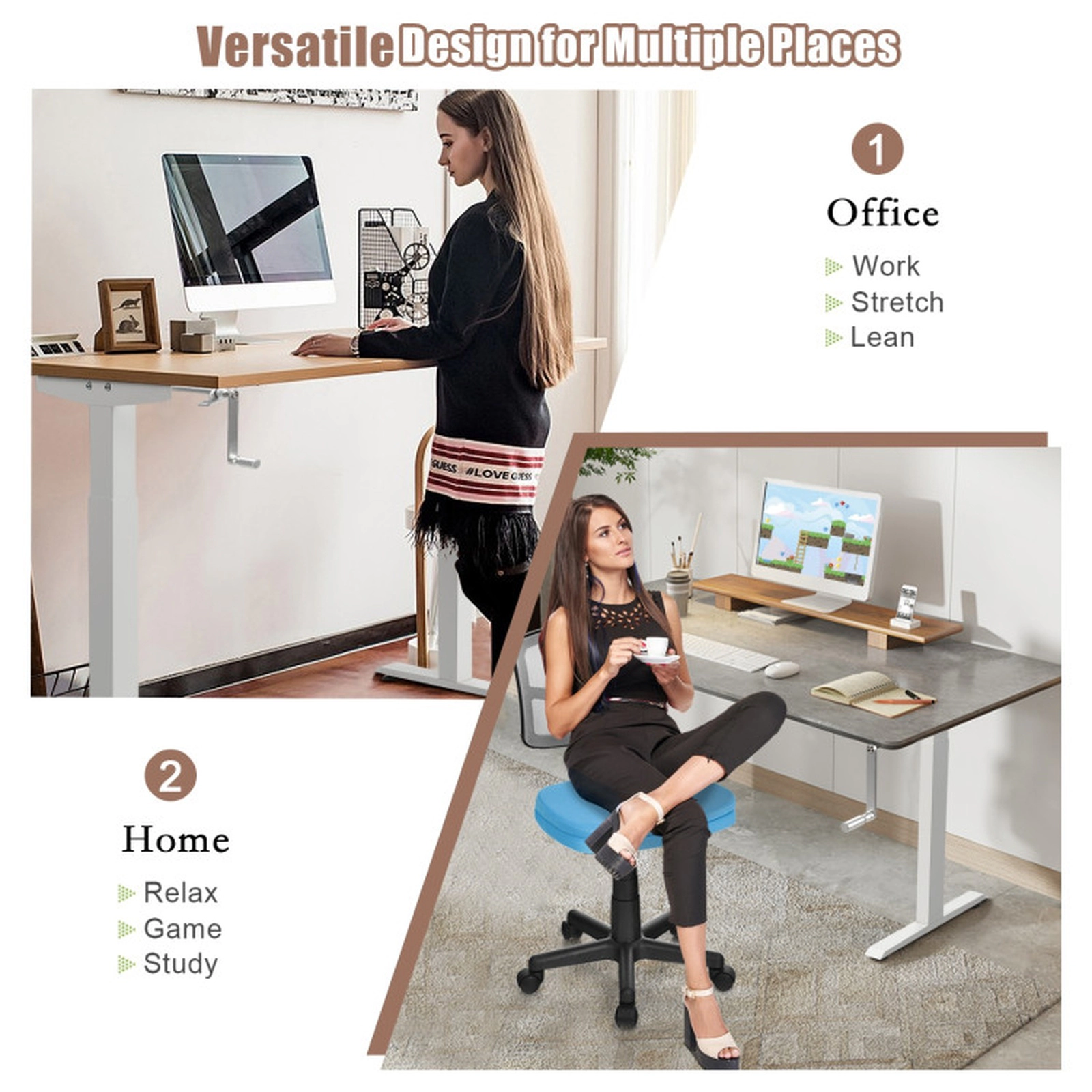 SUGIFT White Steel Hand Crank Sit-Stand Desk Frame, Adjustable Height, Tabletop Not Included
