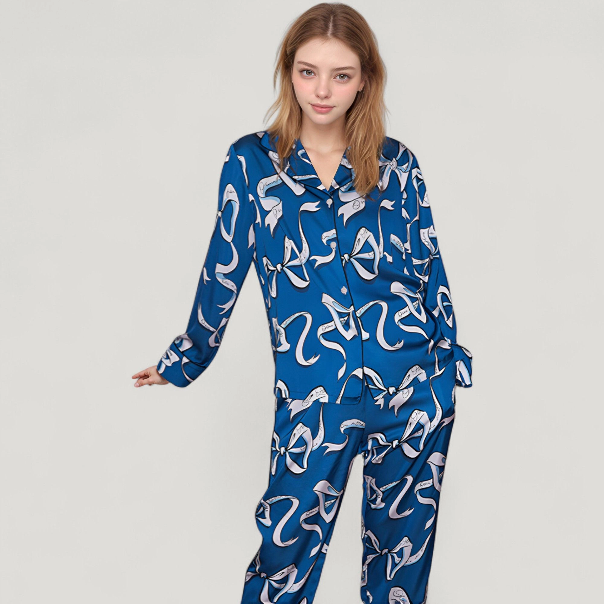 Anna-Kaci Women's Eel Print Pajama Set with Button Down Long Sleeve Top and Relaxed Fit Wide Leg Woven Pants