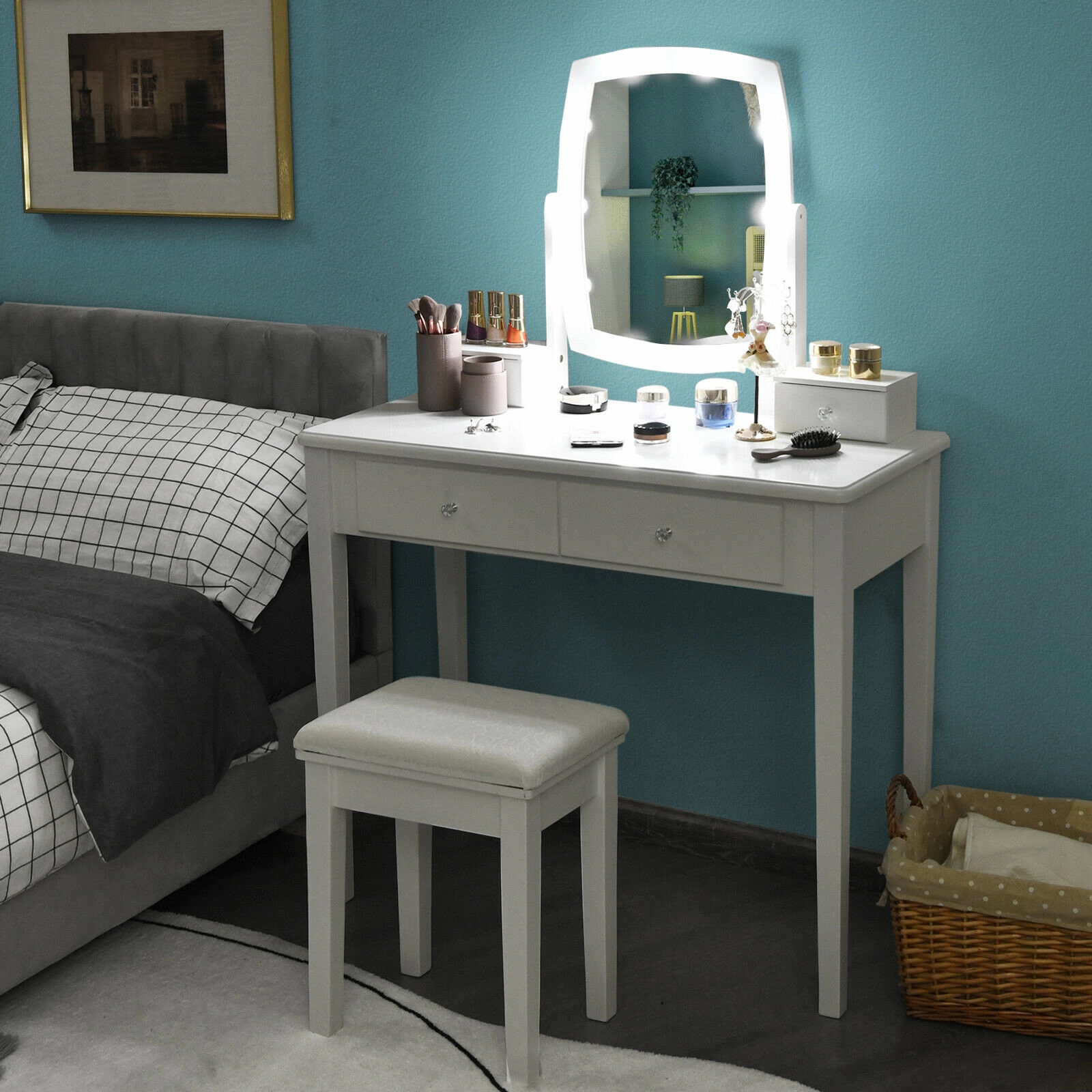 SUGIFT Makeup Vanity Set with 10 Dimmable Bulbs, Rotating Mirror, 4 Drawers and Stool