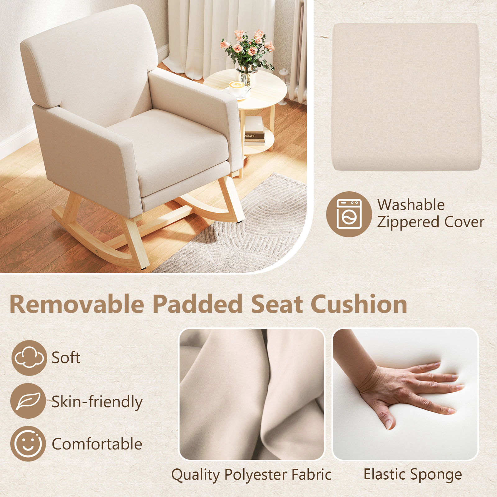 SlickBlue Indoor Outdoor Rocking Chair with High Back & Soft Cushion