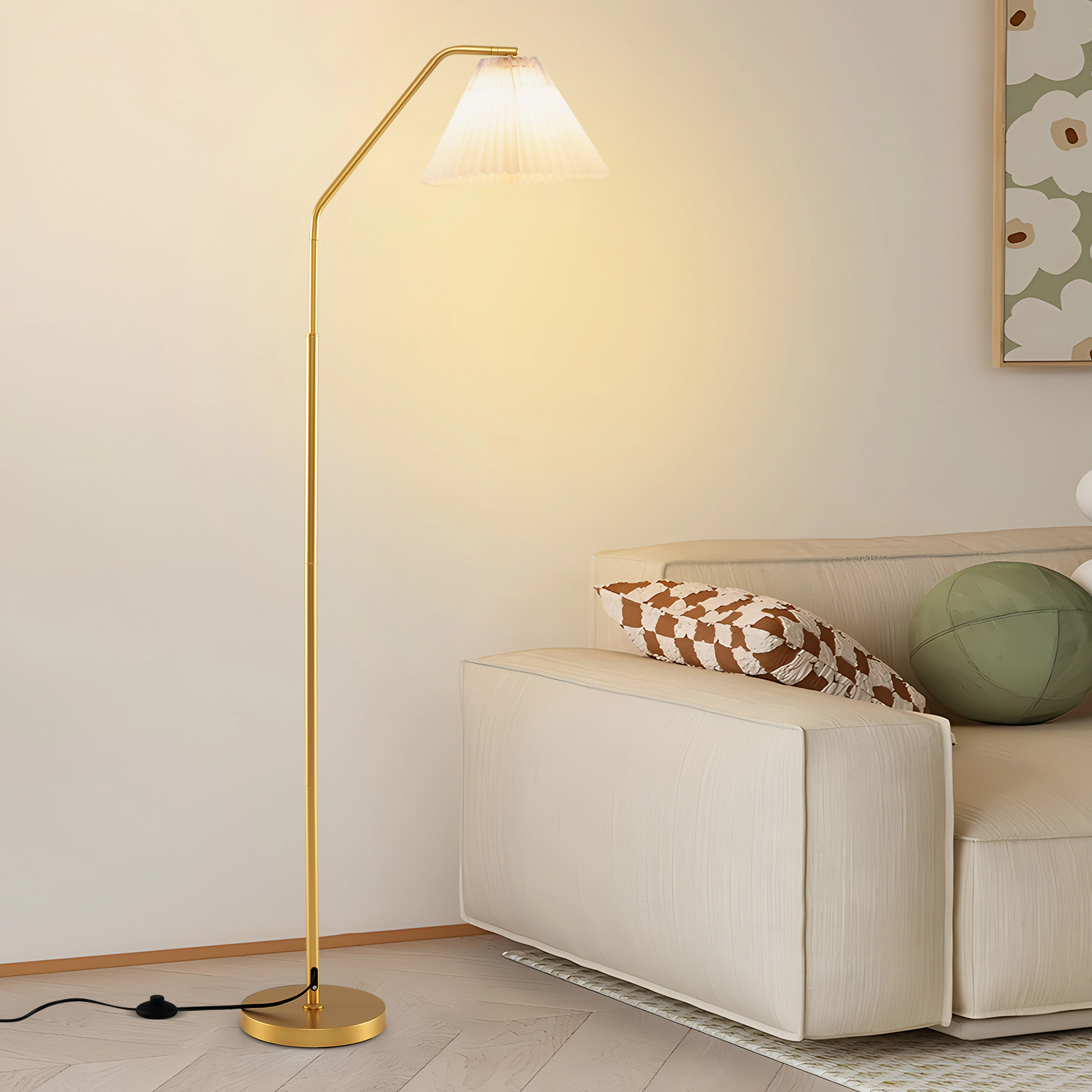 Slickblue Adjustable Arc Floor Lamp 66in Gold Metal Fabric Shade E26 Base Living Room Light