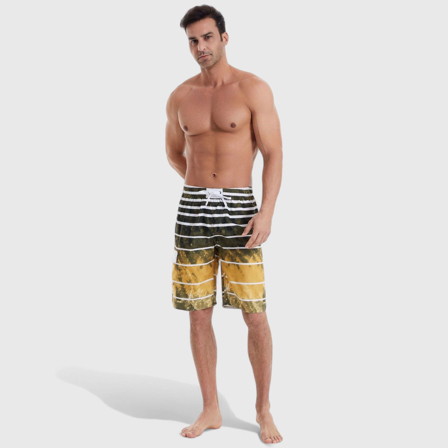 Anna-Kaci Men's Striped Ombre Board Shorts with Elastic Waistband and Drawstring Closure
