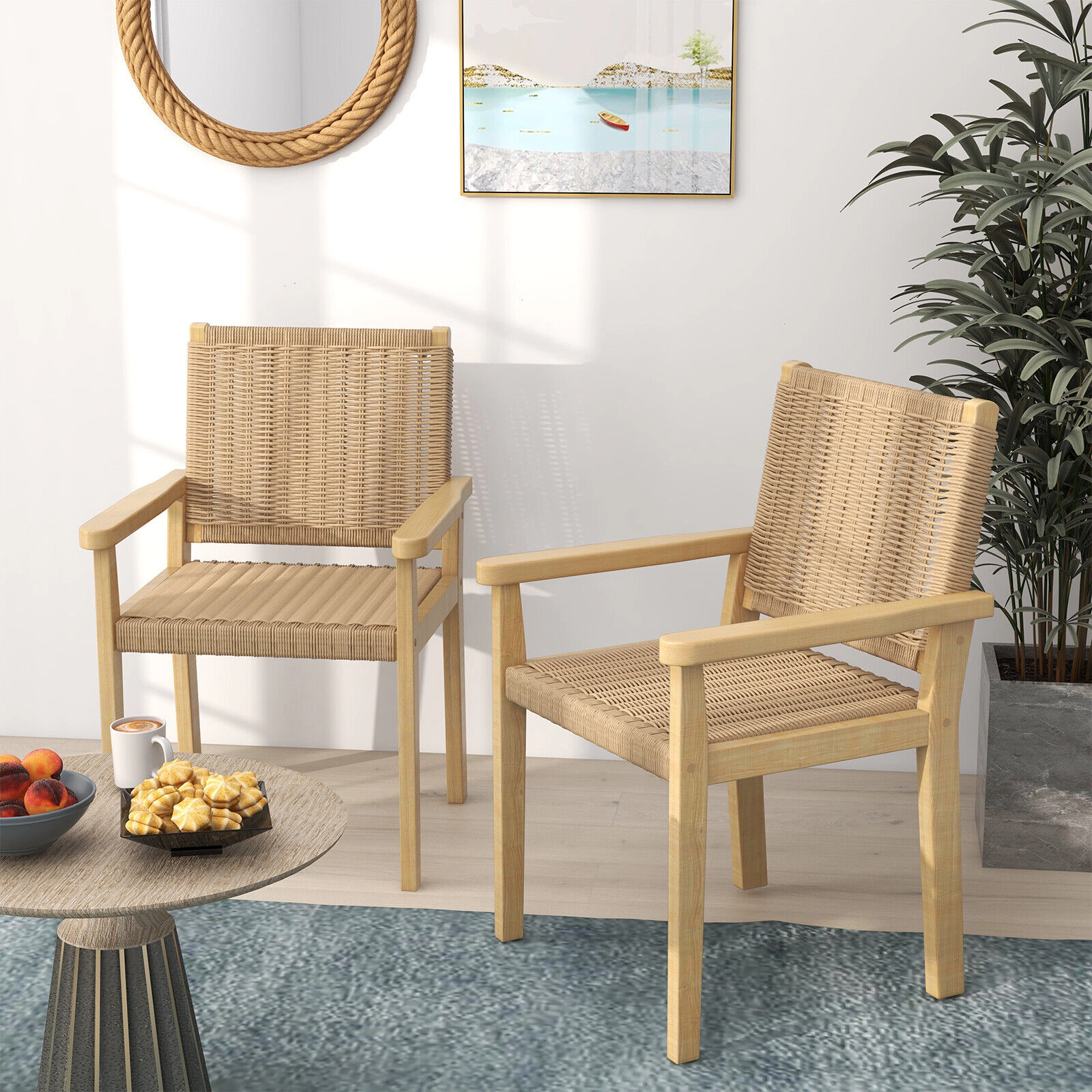 SUGIFT Indoor Outdoor Rubber Wood Dining Armchair Set of 2 400-lb Capacity 23.5-in Wide 18.5-in Seat Height Natural
