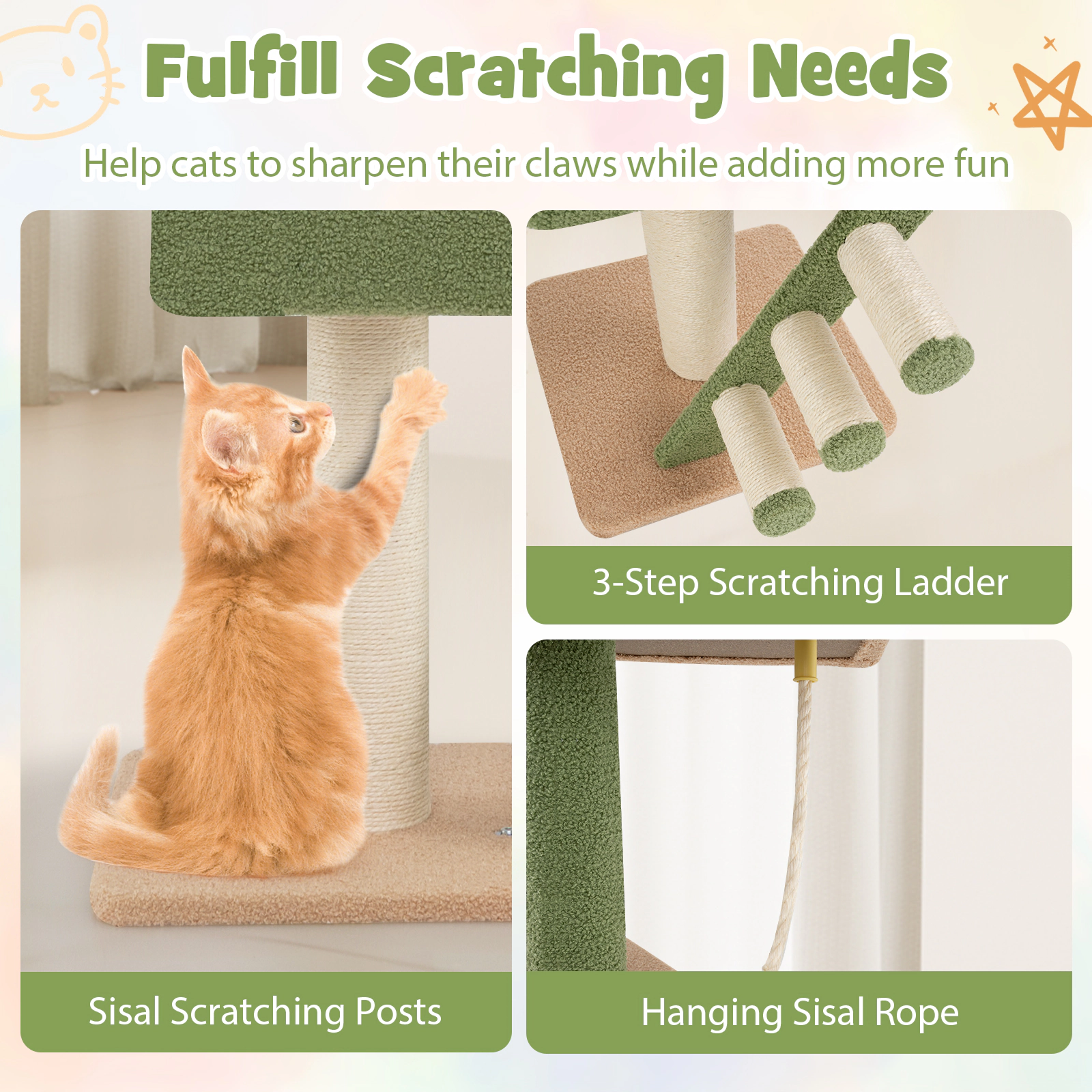 SUGIFT Floor to Ceiling Cat Tree Green Adjustable 86-99.5 in with Space Capsule and Condo