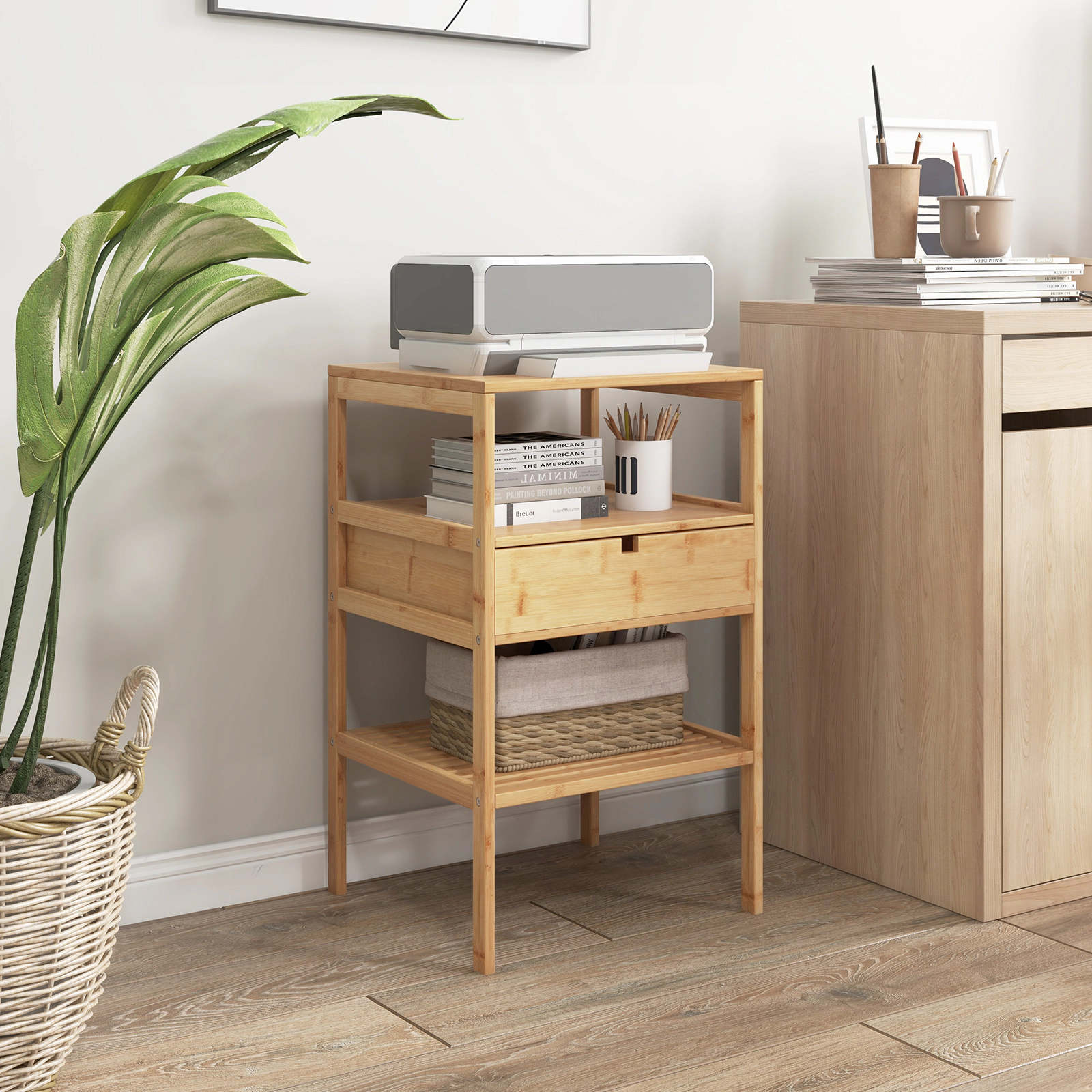 Glintex 2-Piece Bamboo Nightstand Set with 2 Slatted Shelves and Privacy Drawer, Natural