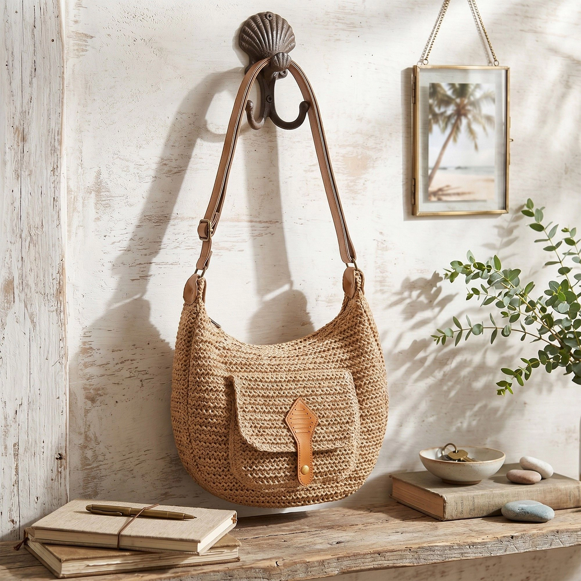 Alilang Women's Woven Crochet Hobo Bag with Flap Pocket Leather Strap Slouchy Shoulder Handbag Lightweight Knit Tote