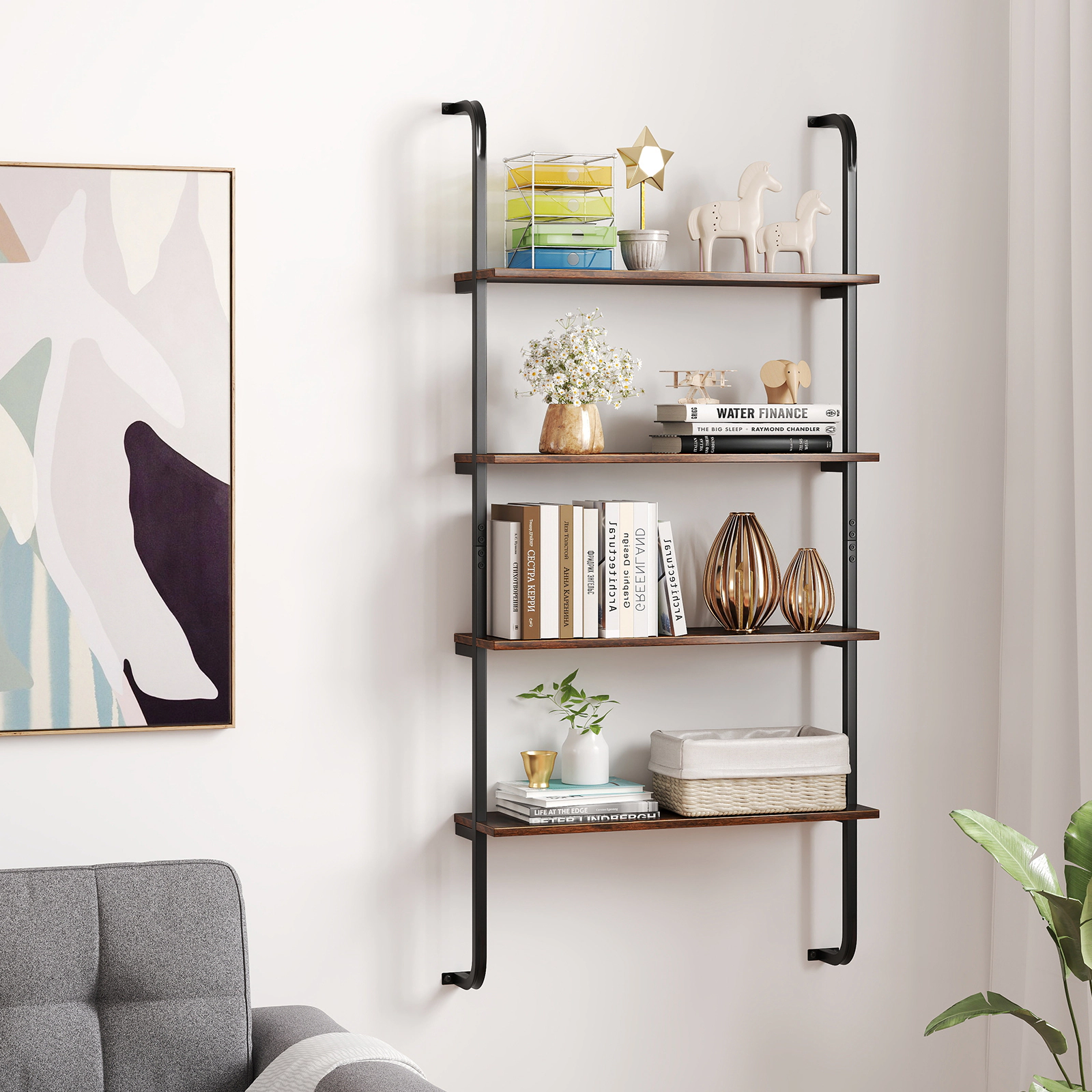 SUGIFT 4-Tier 59-in Industrial Pipe Wall Shelf Bookshelf with Metal Frame and 45-lb Wood Boards for Study