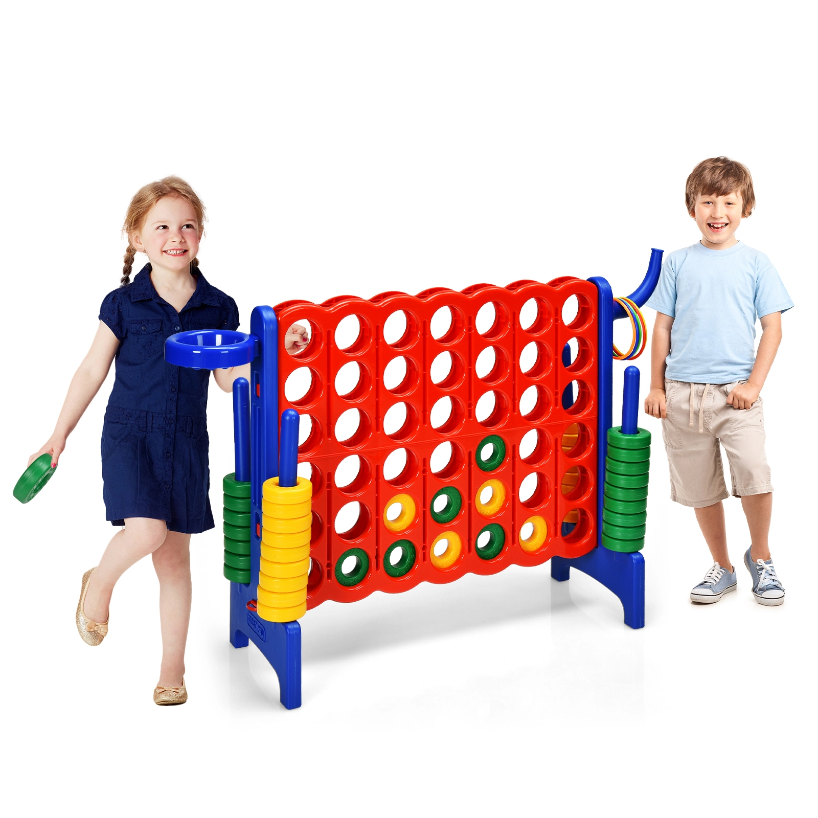 SUGIFT 3-in-1 Giant 4-to-Score Game Set with Basketball Hoop and Ring Toss Combo Game Blue Green Red Orange