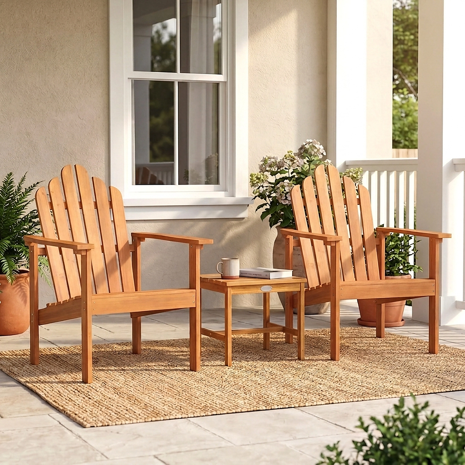 SUGIFT Stackable Acacia Wood Adirondack Conversation Set with 2 Chairs and Side Table 400-lb Capacity Natural