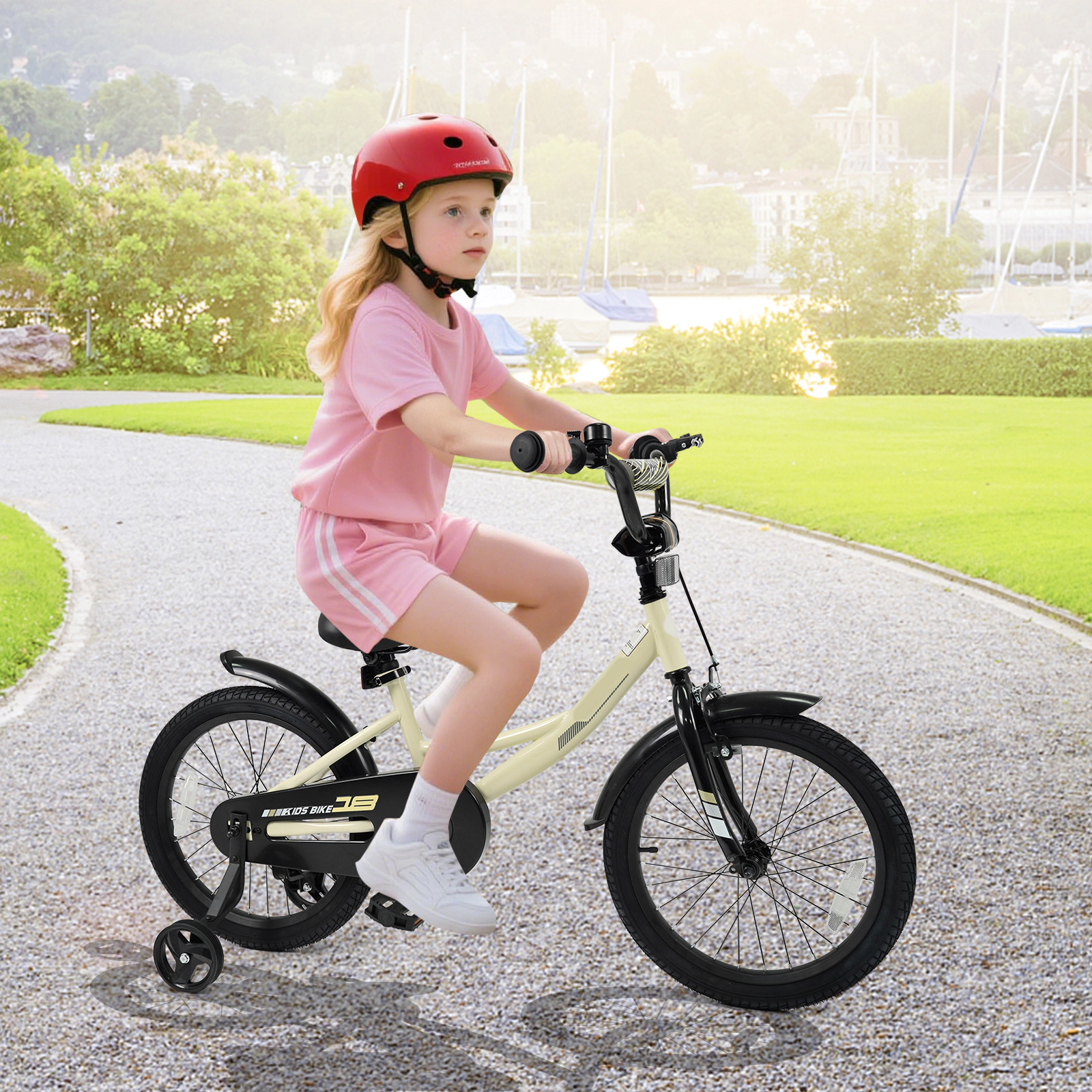 SUGIFT Adjustable Kids Sport Bicycle with Removable Training Wheels 145-lb Capacity Ages 4-8 Beige/Black/Blue/Pink