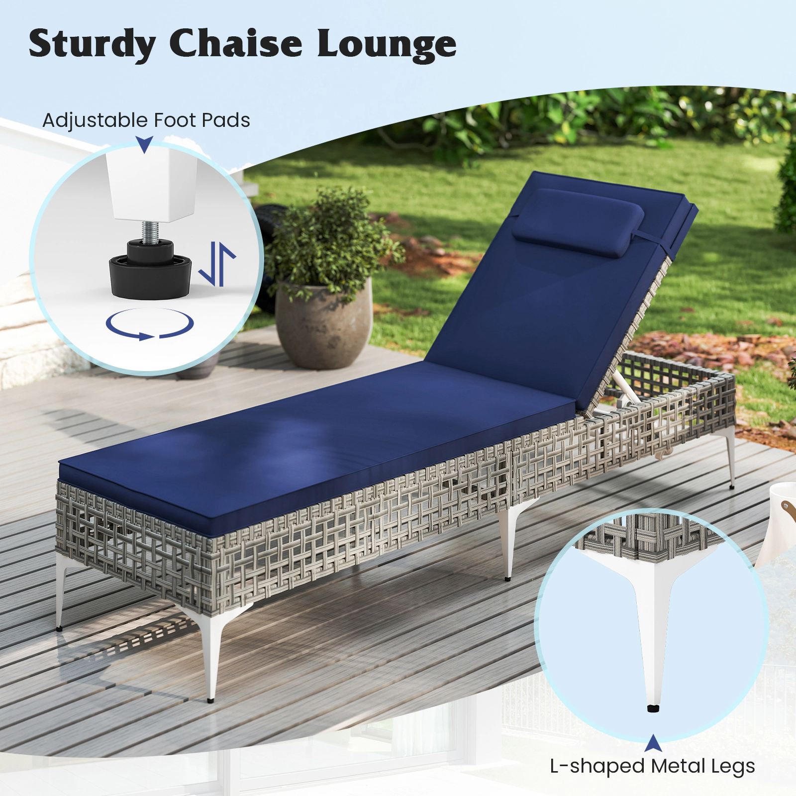 SUGIFT Headrest Mixed Gray Wicker 400-lb Navy Patio Chaise Lounge Chair 6-Level Backrest