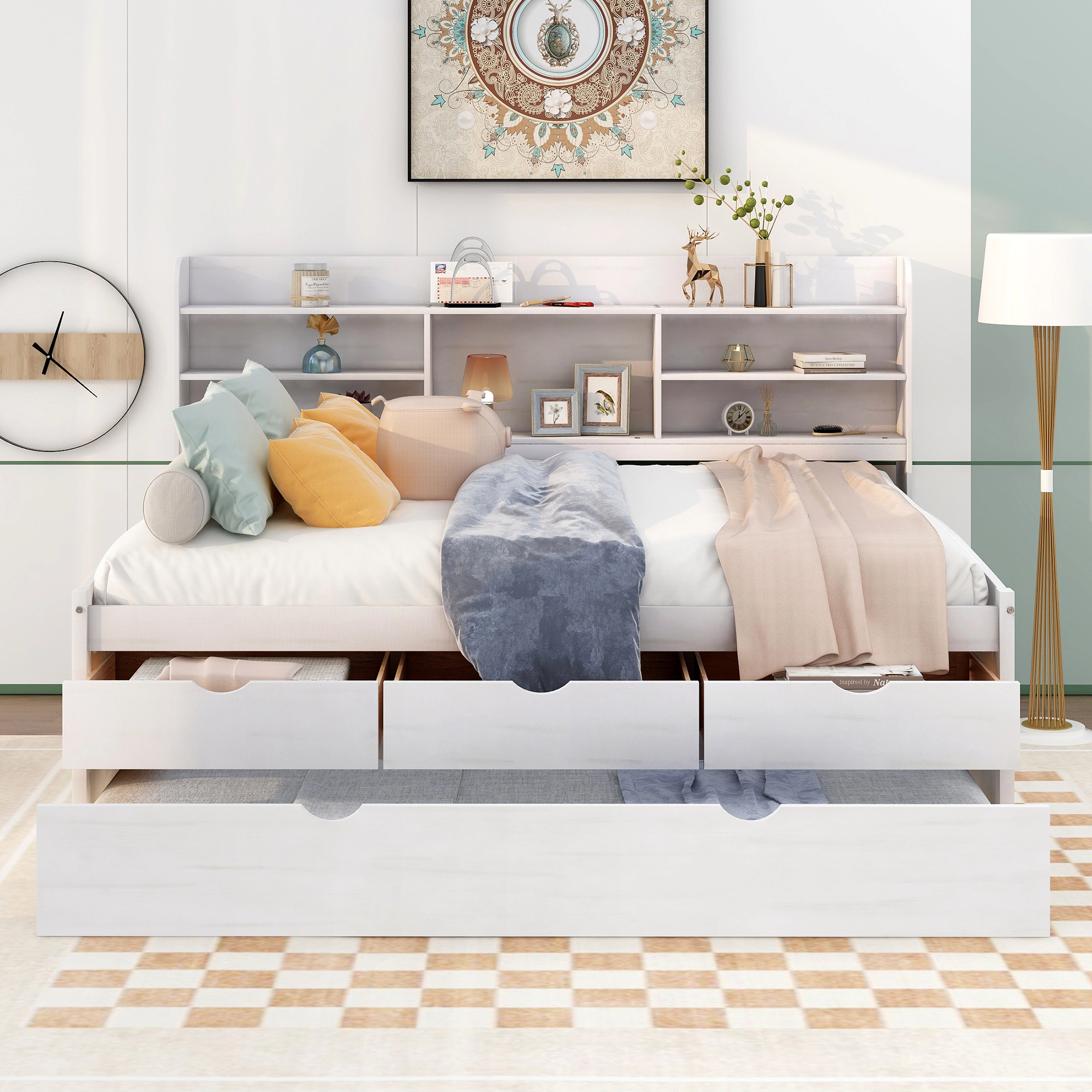 Flynama Full Wooden Captain Bed with Bookshelves, 3 Drawers & Trundle, White Wash