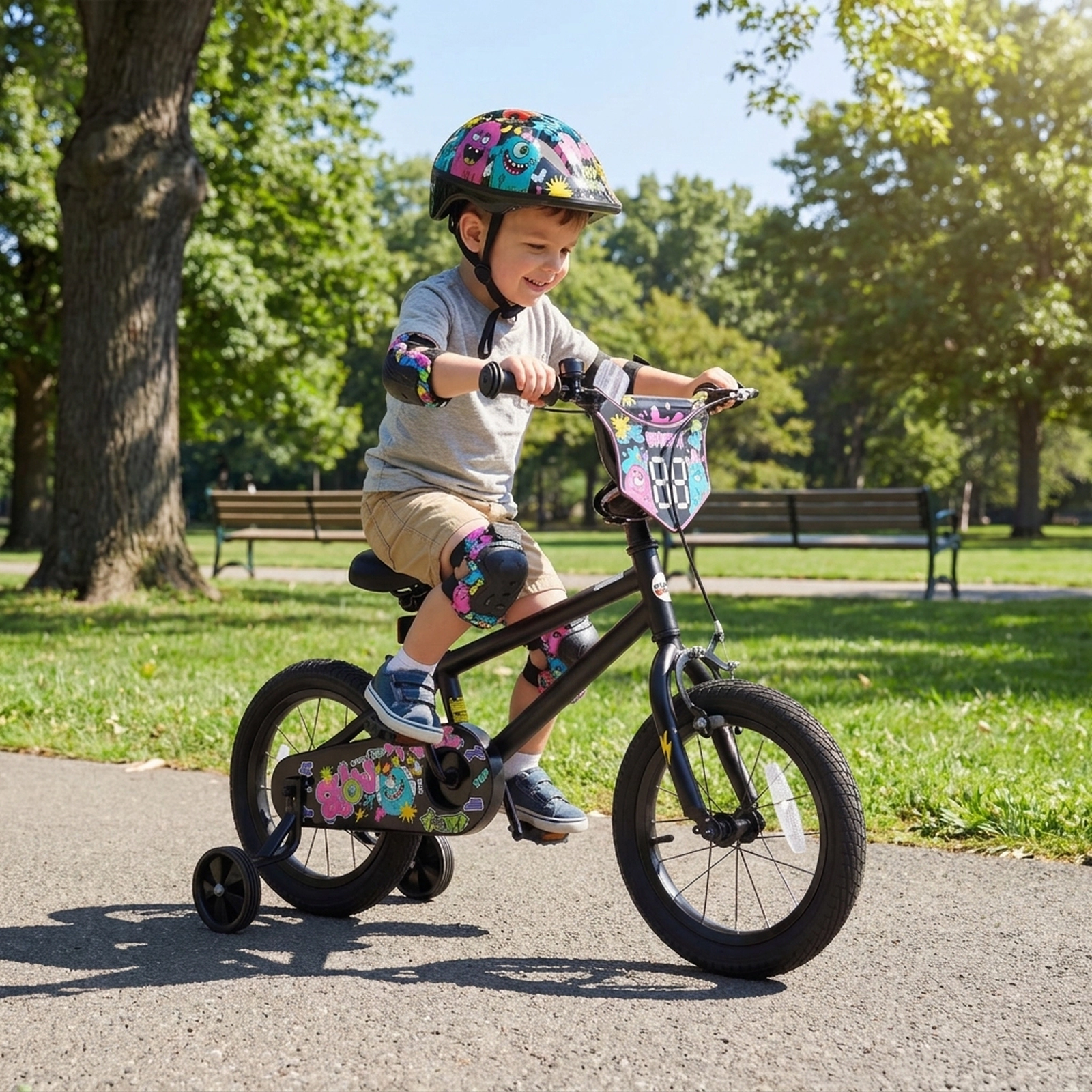 SUGIFT 14-Inch Kids Bike with Detachable Training Wheels 110-lb Capacity Ages 3-5 Years Black