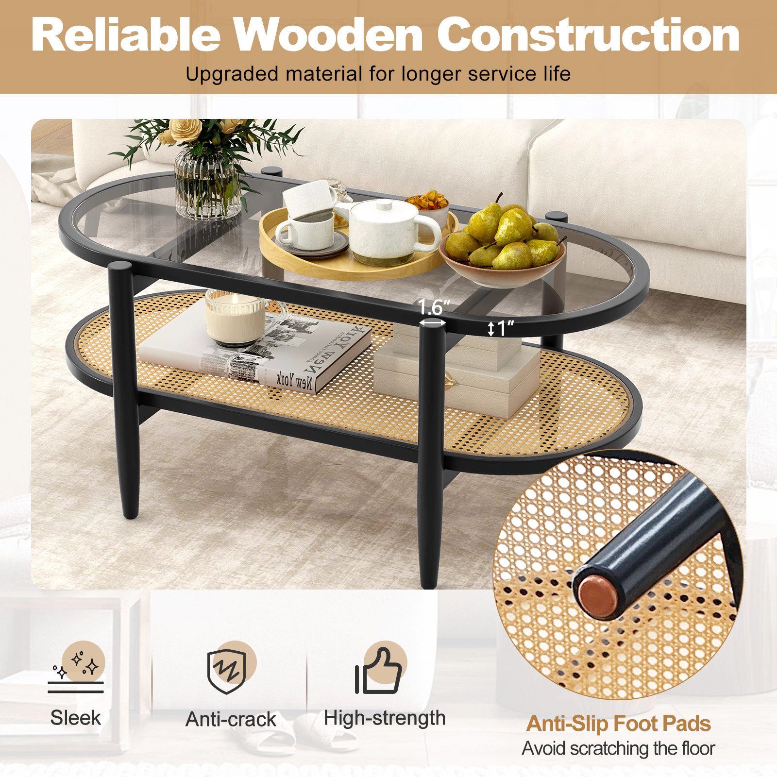 SUGIFT 2-Tier Acacia Wood Coffee Table with Tempered Glass Tabletop 176-lb Tabletop Capacity Brown/Black