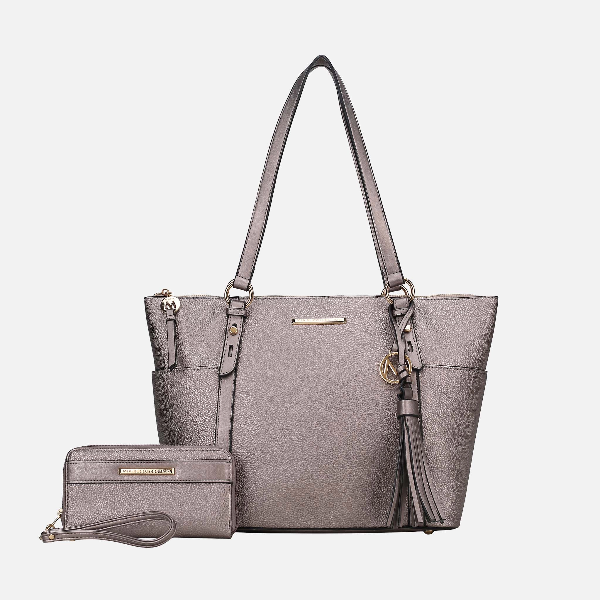 Mia K Collection Gloria Carryall Tote Bag with Matching Wallet - Pebbled Vegan Leather, Gold-Tone Hardware