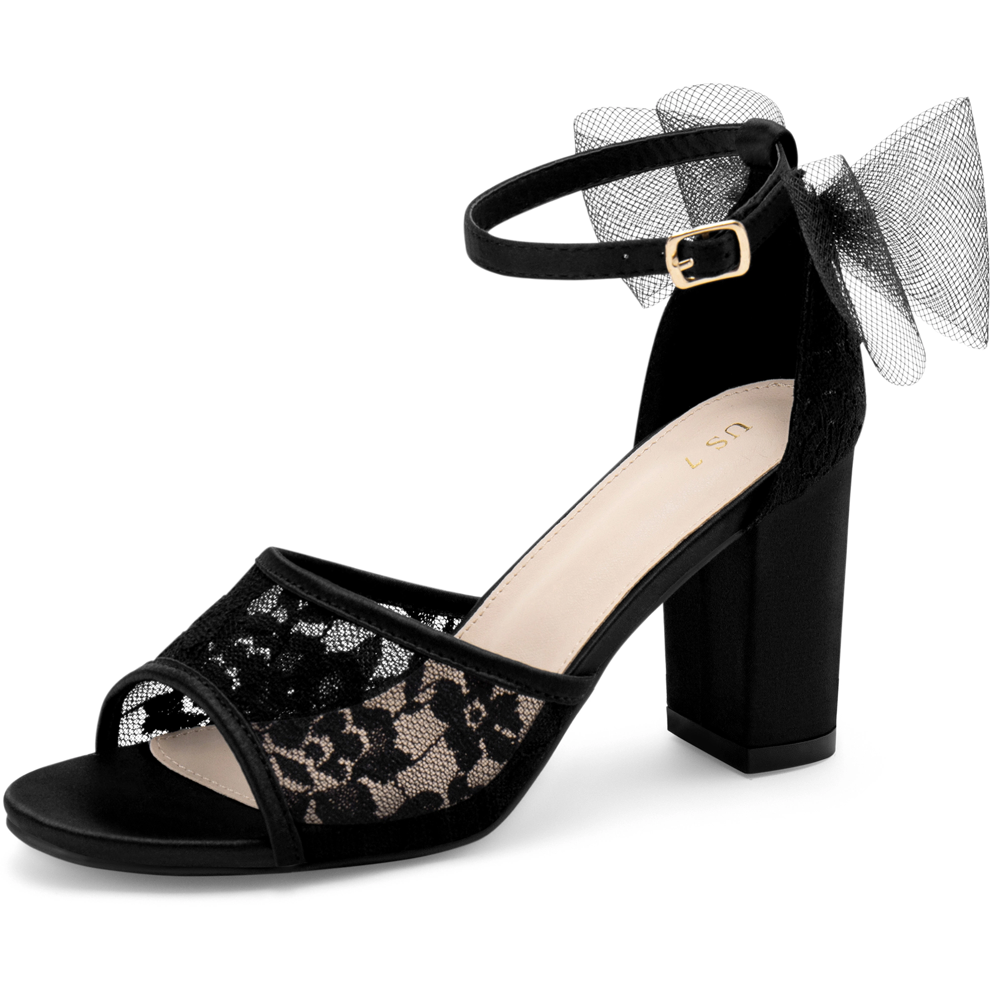 BLISSFUL STEP Women's Lace Open Toe Bow Chunky Block Heel Party Wedding Sandals