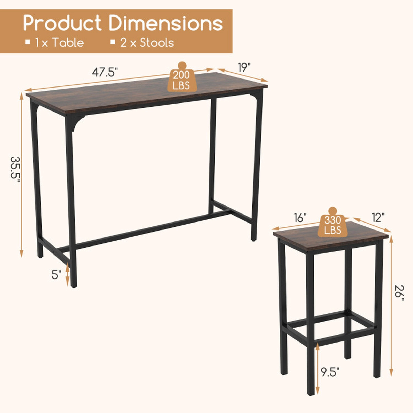 SUGIFT 3-Piece Industrial Counter Height Bar Set, 47.5-Inch Table with 2 Stools