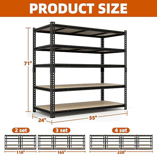 XJ 5-Tier Freestanding Garage Shelving, Heavy Duty Steel, Adjustable, Black (55"W x 72"H x 24"D)