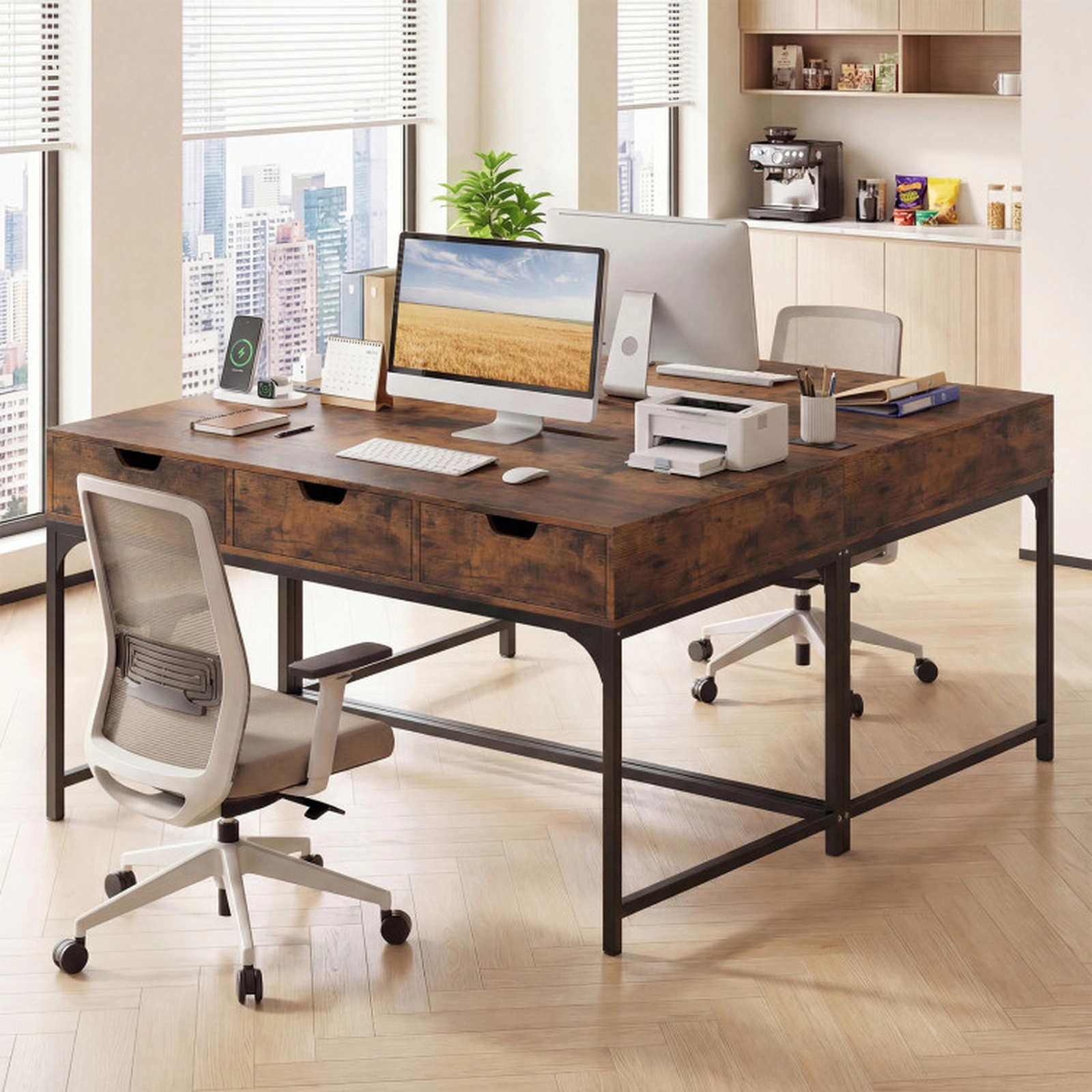 SUGIFT Rustic Brown Power Outlets 3 Drawers and Hidden Storage Compartment 43.5 Inch Office Desk