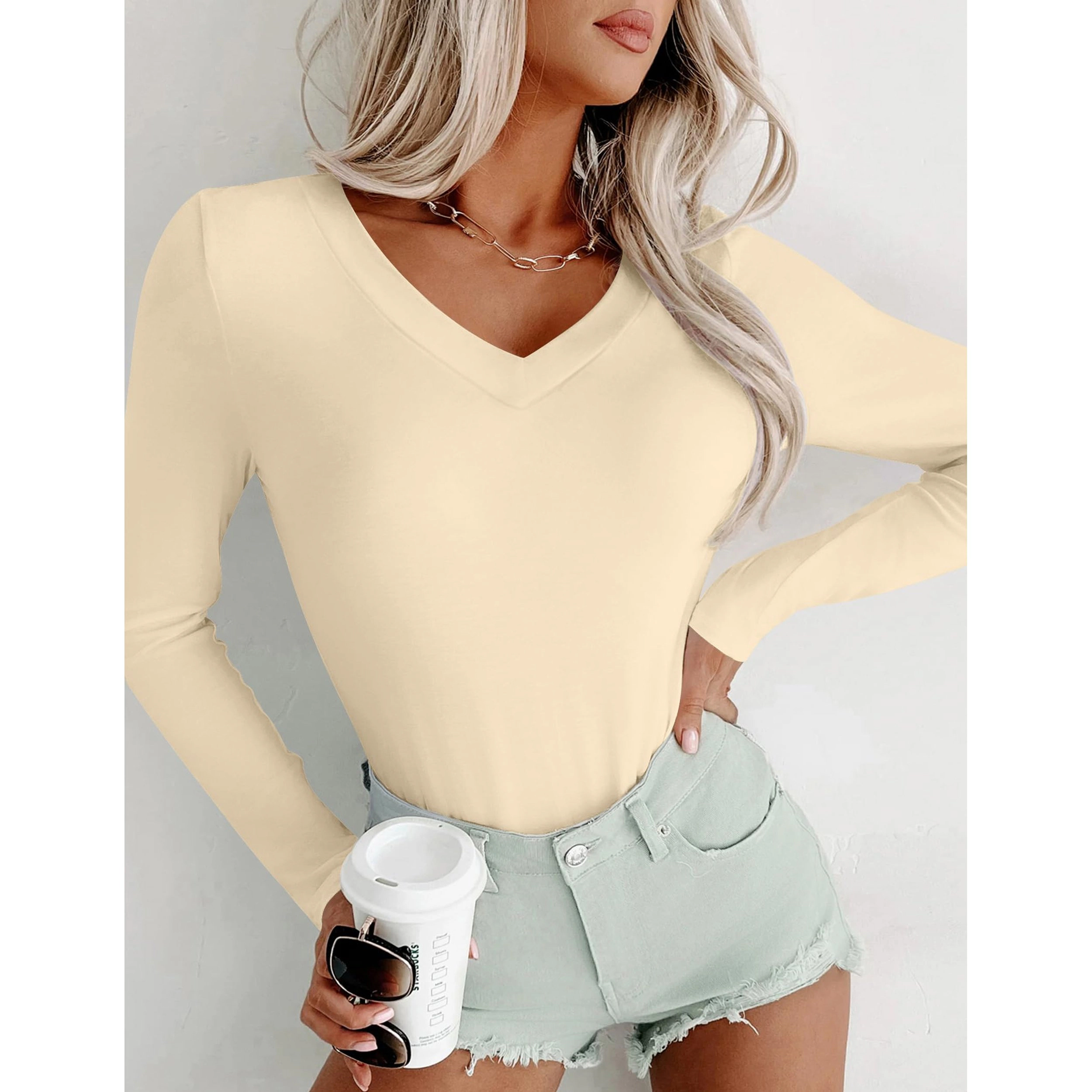 Ekouaer Long Sleeve Shirts Fashion V Neck Basics Tops Lightweight Base Layer Slim Fit Top