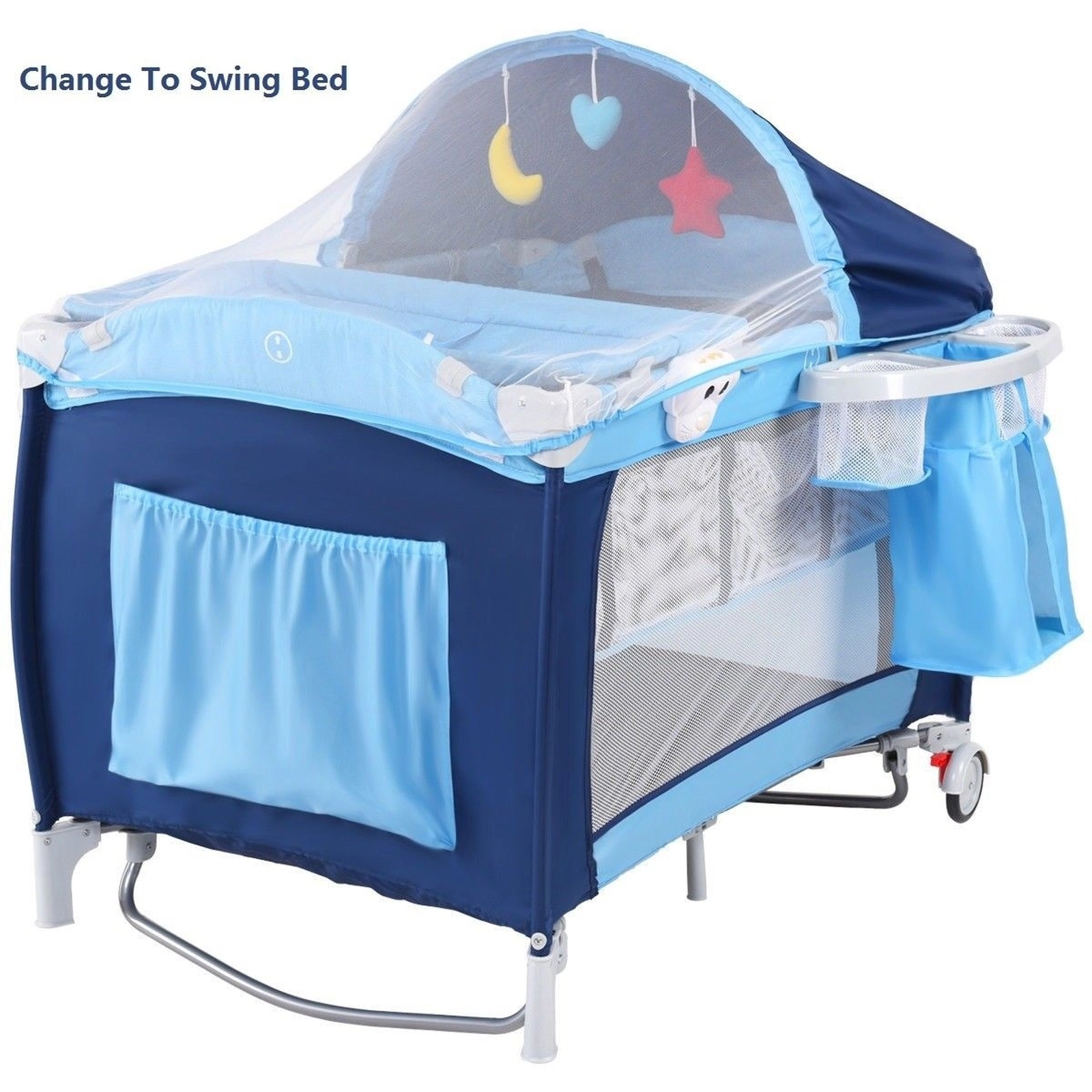 SUGIFT Baby Mosquito Net Bassinet Changing Table Foldable Crib Playard 43.5-in x 31-in x 47.5-in 33-lb Capacity Blue