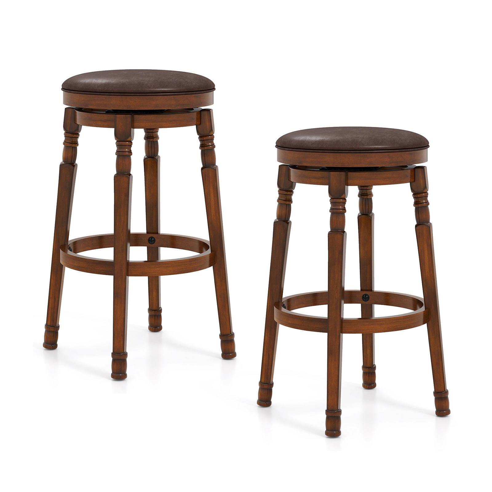 SUGIFT Set of 2 Walnut 29-in PU Leather Padded Swivel Bar Stools with Ultra-Wide Seat Base and Footrest